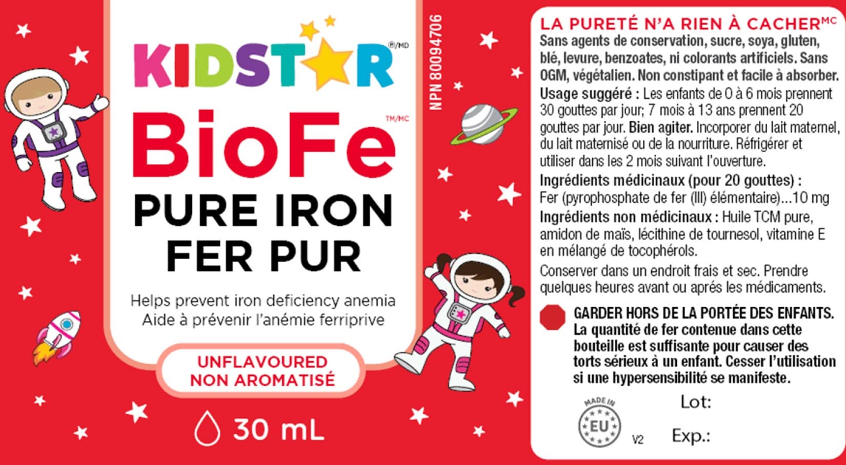 Kidstar Nutrients - BioFe Pure Iron Drops Unflavoured 30ml 50-Day Supply - Helps to Prevent Iron Deficiency Anemia - No Stomach Upset and Constipation - Vegan, Non-GMO, Gluten-Free and Sugar-Free
