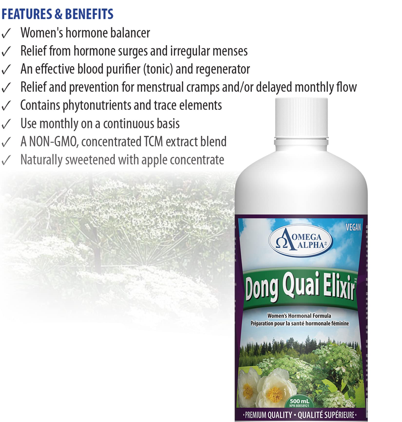 Complément alimentaire liquide à base de plantes Omega Alpha Dong Quai Elixir pour l'équilibre hormonal et le soutien de la vitalité des femmes, saveur pomme 500 ml, approvisionnement de 33 jours, formule végétalienne