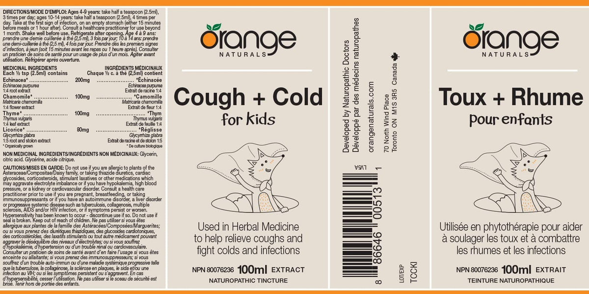 Orange Naturals - Cough and Cold for Kids 100 ml Liquid Tincture 40-Servings - Vegan, Gluten and Dairy-Free - Help Relieve Coughs and Fight Colds, Catarrhs, Bronchitis and Congestion