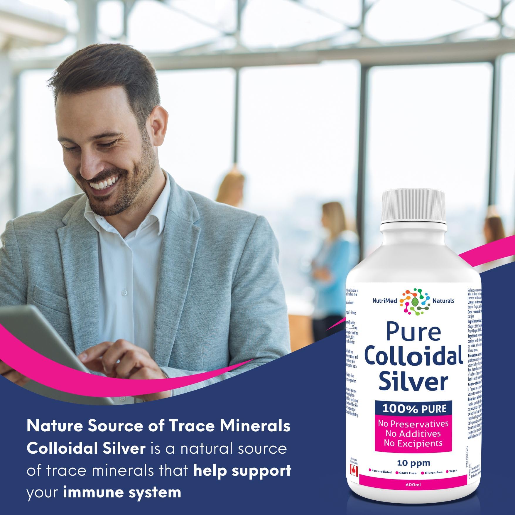 Nutrimed Naturals - Pure Colloidal Silver 10ppm, 600ml Liquid 120-Servings - Helps Support your Immune System and Overall Vitality - Vegan & Non-GMO - 3rd Party Tested - Formulated & Made in Canada