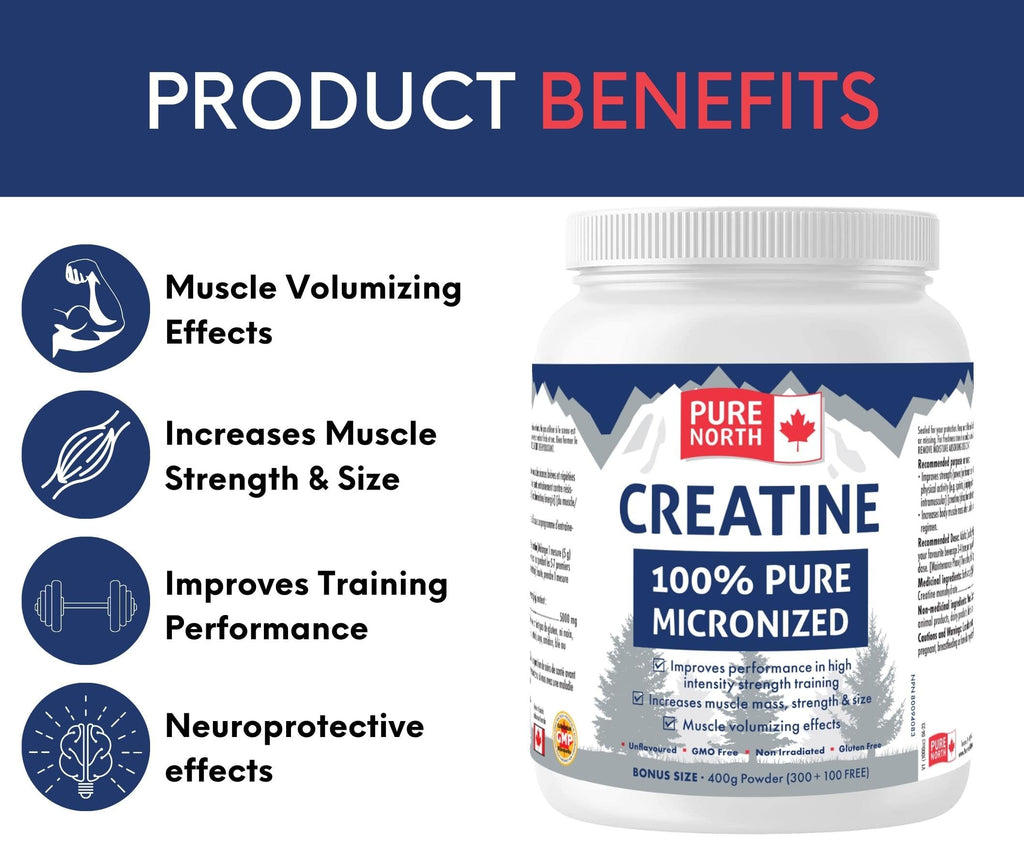 Pure North Naturals - Creatine 100% Pure Micronized 400g Powder 80-Servings - Improve Muscle Mass, Strength and Size - Improve Training Performance - 3rd Party Tested - Formulated & Made in Canada