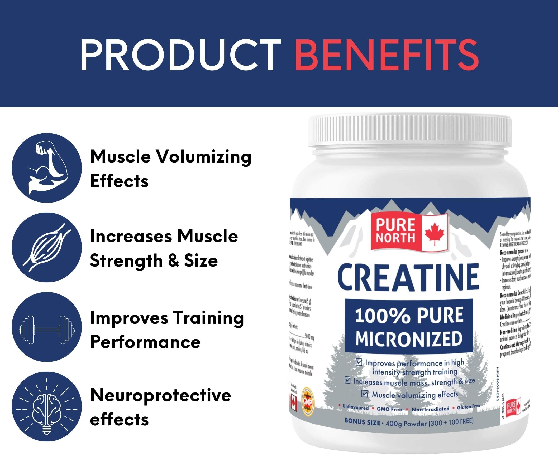 Pure North Naturals - Creatine 100% Pure Micronized 400g Powder 80-Servings - Improve Muscle Mass, Strength and Size - Improve Training Performance - 3rd Party Tested - Formulated & Made in Canada