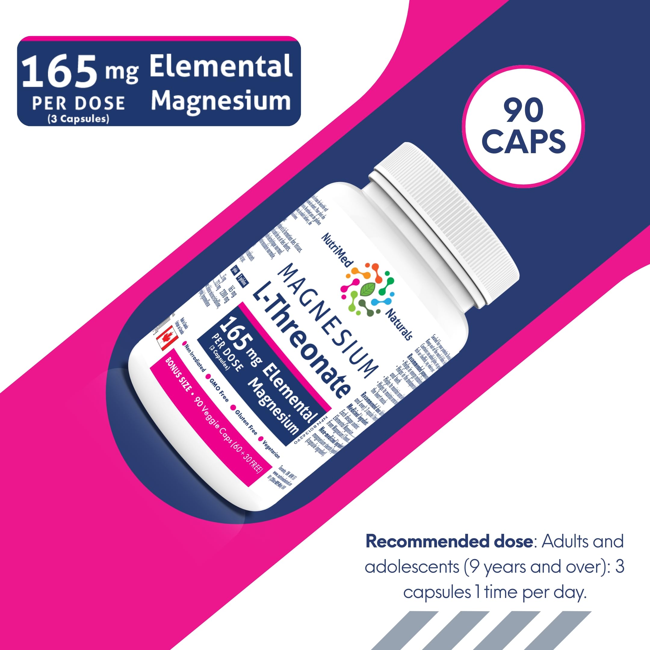 Nutrimed Naturals - Supplément de Magnésium L-Thréonate Élémentaire 165mg 90 Gélules Pour 30 Jours - Améliore la Concentration, la Mémoire et la Santé Cérébrale Optimale - Testé par un Tiers - Formulé et Fabriqué au Canada