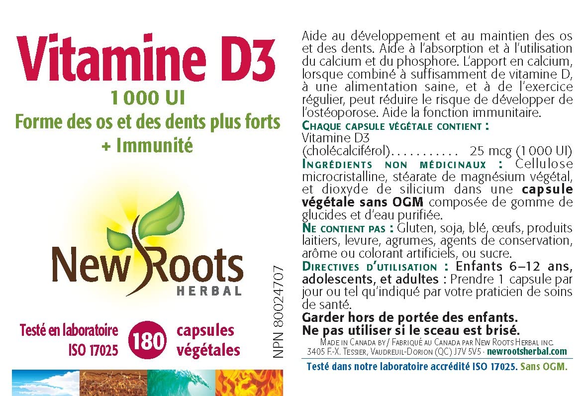 New Roots Herbal Vitamin D3 Capsules, 1,000 IU, 180 Capsules, 6+ Months