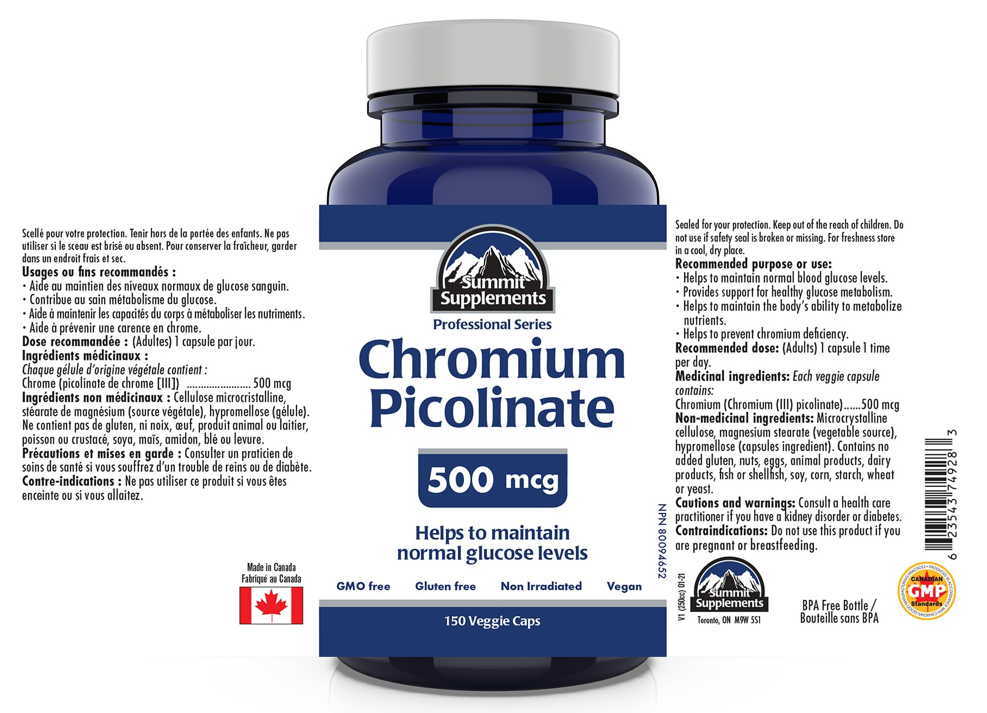 Chromium Picolinate 500mcg - Glucose and Blood Sugar Support Supplement - Muscle Mass and Metabolism Support - An alternative to berberine - 3rd Party Tested - Formulated & Made in Canada