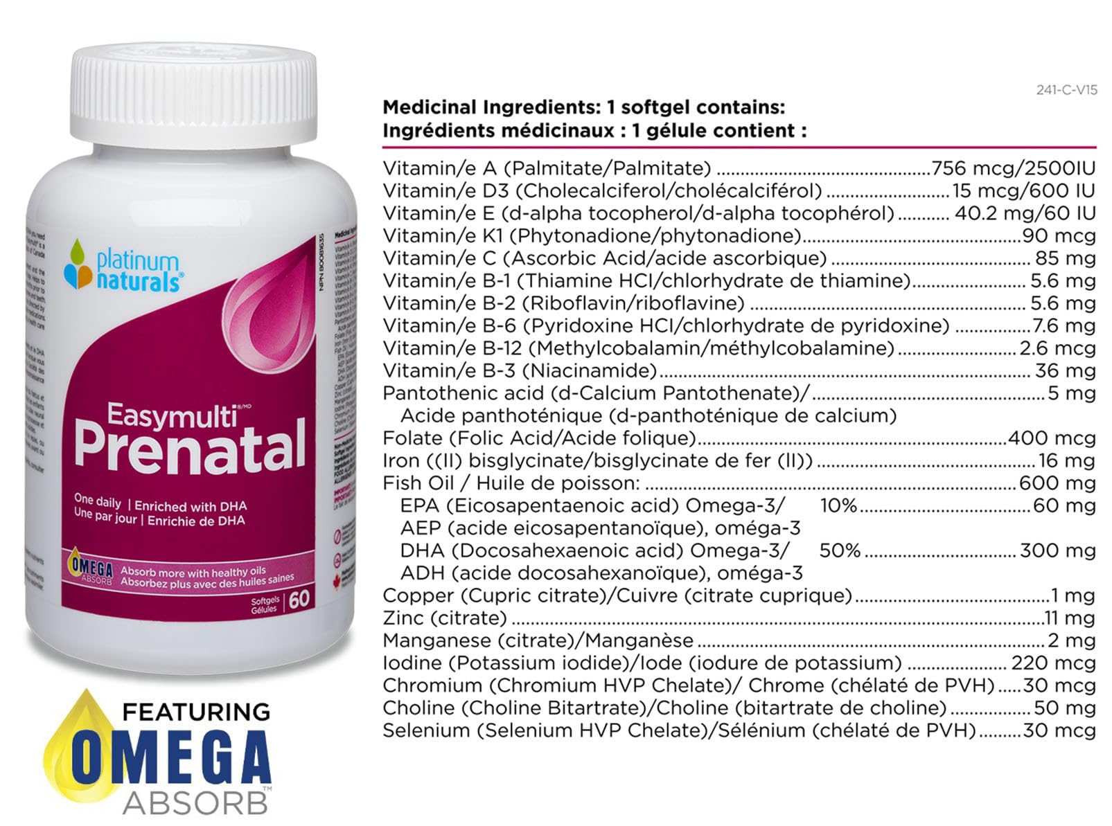 Platinum Naturals - Prenatal Easymulti | Une fois par jour | Enrichi en ADH