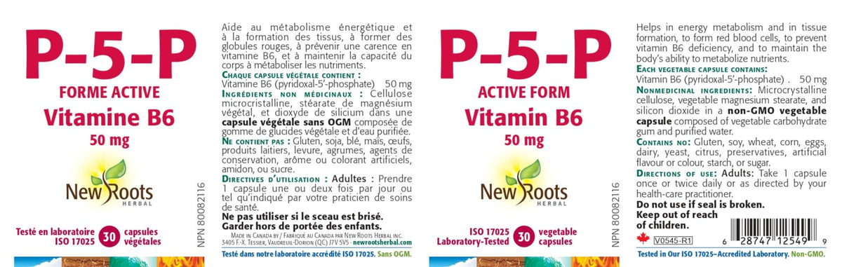New Roots Herbal P-5-P Vitamin B6 50mg Capsules, Active Form, 30 Day Supply