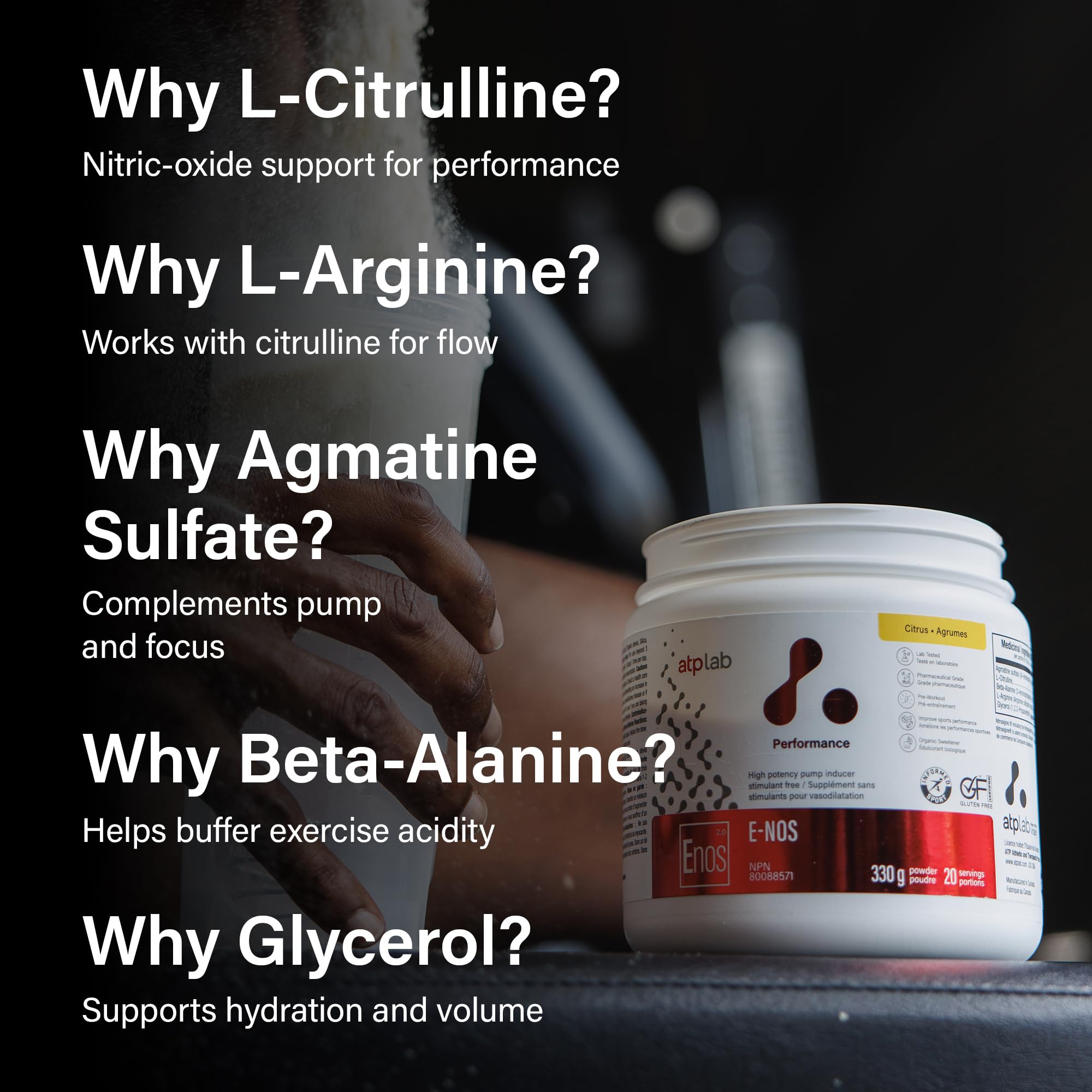 ATP LAB - E-Nos 330g Poudre Saveur Agrumes - Améliore la performance sportive, aide à maintenir et à soutenir la santé cardiovasculaire - Inducteur de pompe et Poudre Pre Workout