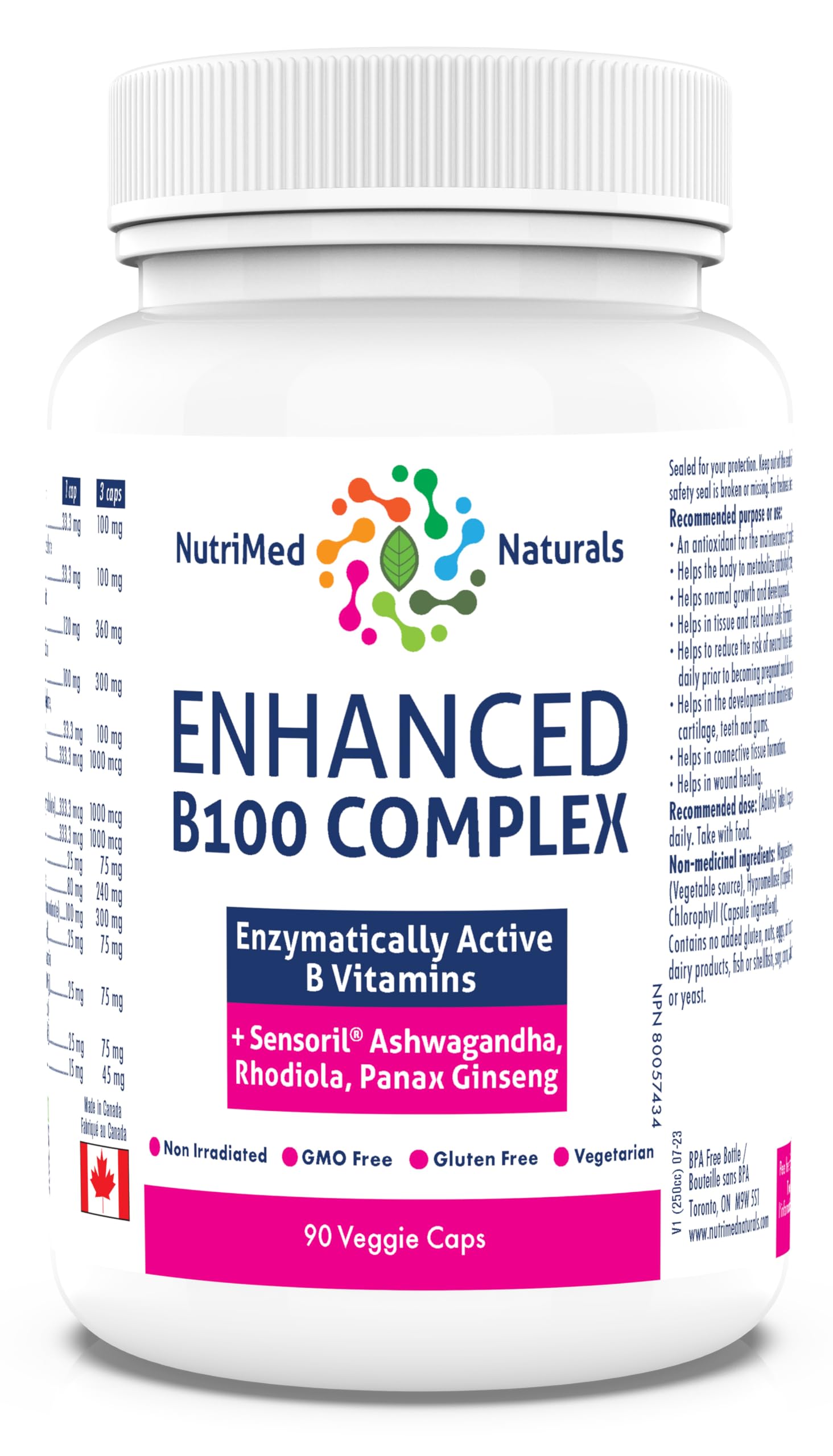 Nutrimed Naturals - Complexe B100 Amélioré, 90 Gélules (approvisionnement de 30 jours) - Supplément de Vitamines B - Santé Osseuse, Dents, Gencives et Réparation du Cartilage - Testé par des Tiers - Formulé et Fabriqué au Canada