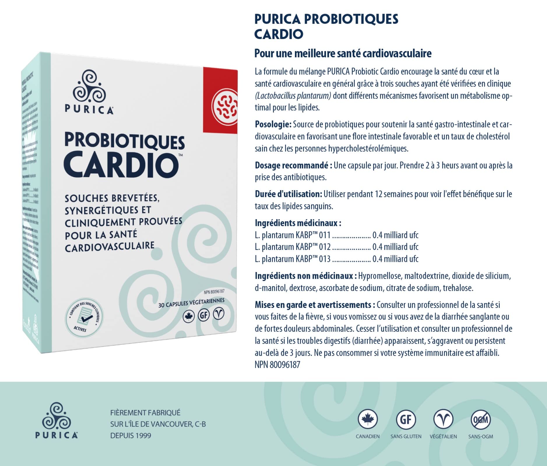 PURICA - Formule probiotique cardio, 30 gélules végétaliennes, apport de 30 jours - Soutient la fonction cardiaque et la santé cardiovasculaire globale - Soutient la santé gastro-intestinale - Sans OGM et sans gluten
