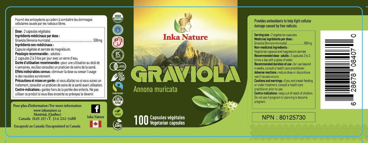 Inka Nature Graviola Annona Muricata 100 Caps 25-Day Supply - Natural Graviola Extract Supplement - Supports Immune Health - Vegan, Non-GMO - Herbal Wellness - JAS Certification