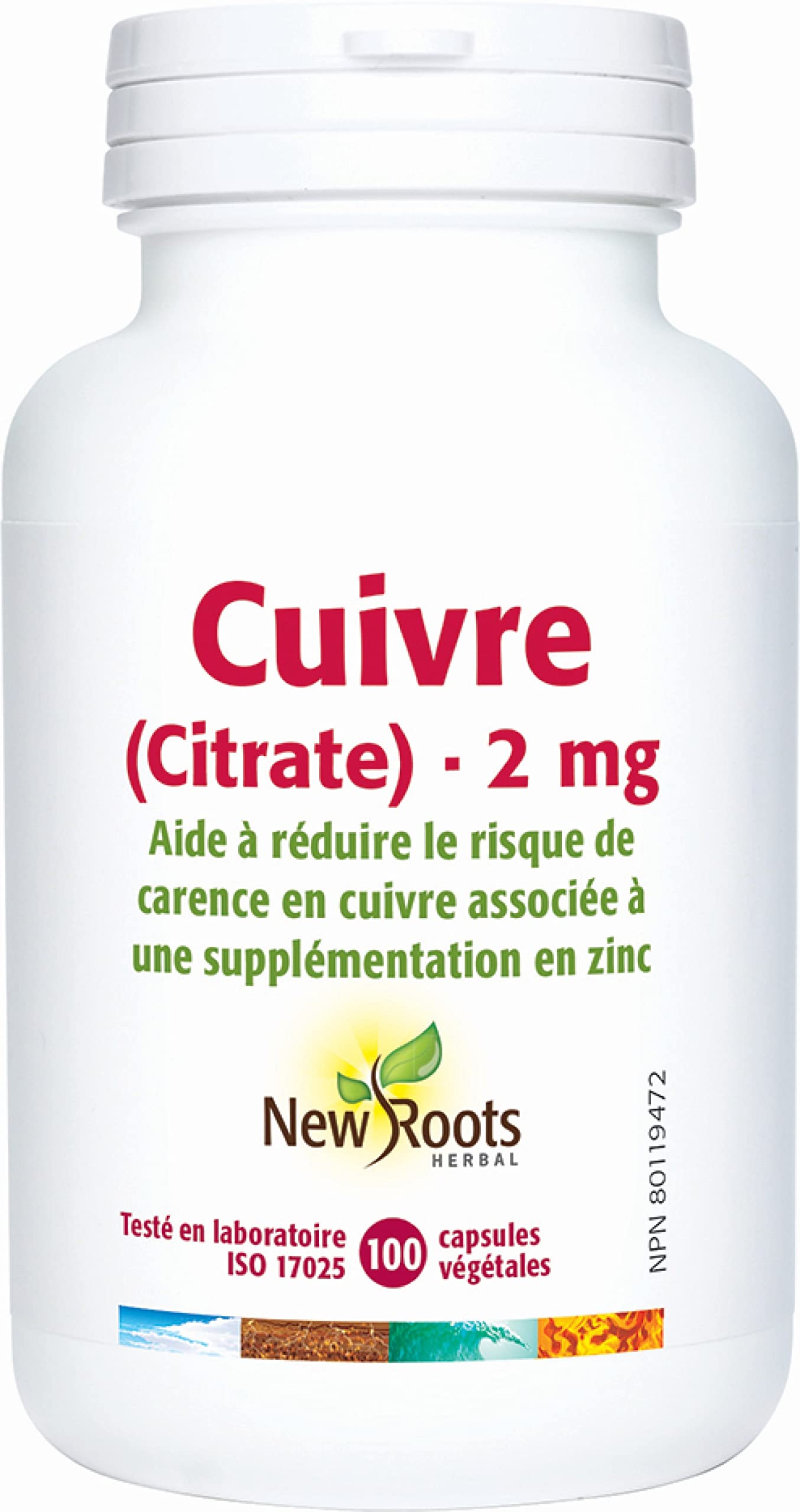 New Roots Herbal Citrate de cuivre 2 mg Supplément minéral, Aide à la production de tissus conjonctifs, de globules rouges et à l'intégrité de la peau, 100 capsules végétales, Approvisionnement de 100 jours