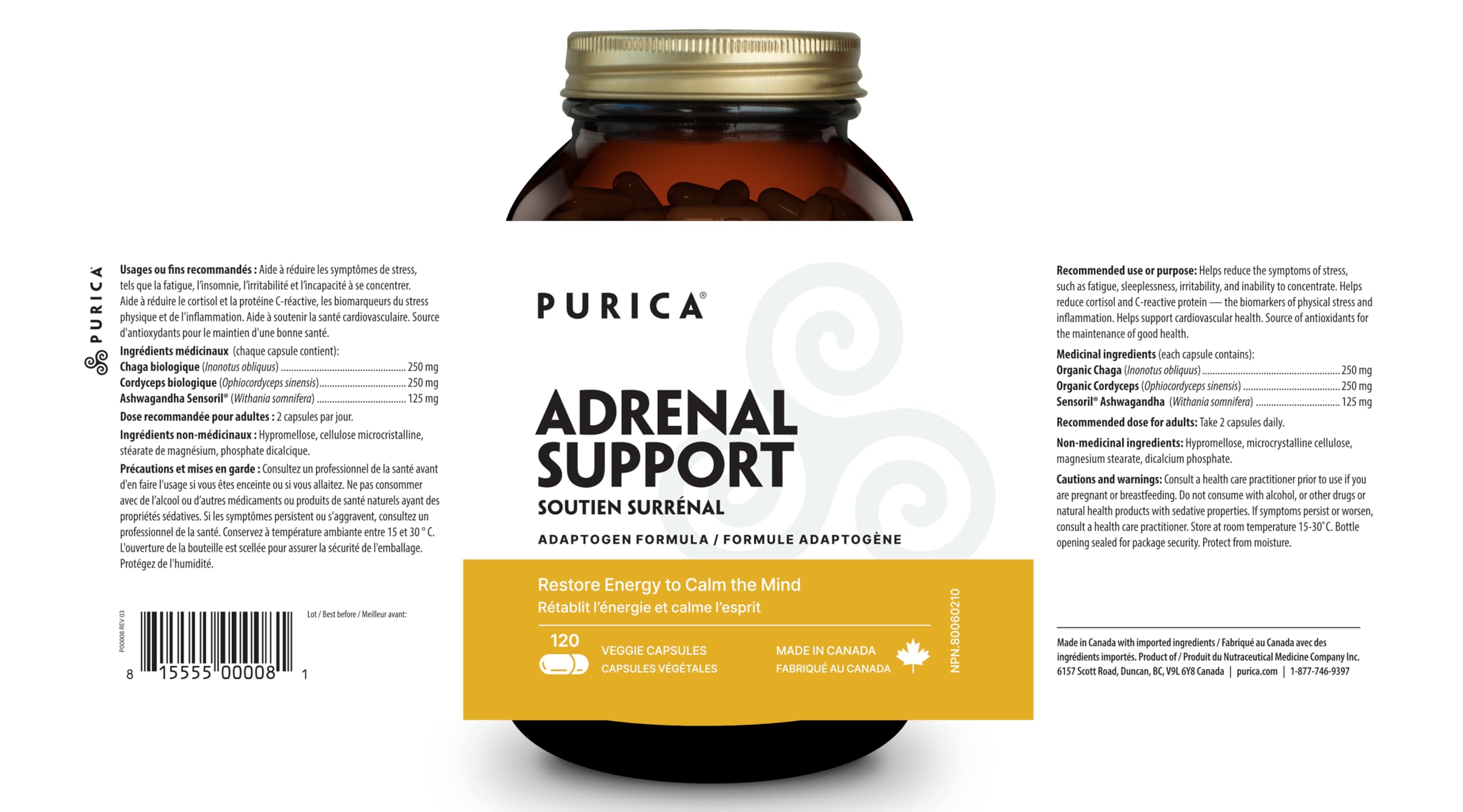 PURICA - Soutien surrénalien Vitality, 60 capsules végétaliennes, cure de 30 jours – Redonne de l'énergie pour calmer l'esprit – Réduit le cortisol, renforce la santé cardiovasculaire et fournit des antioxydants pour le bien-être général