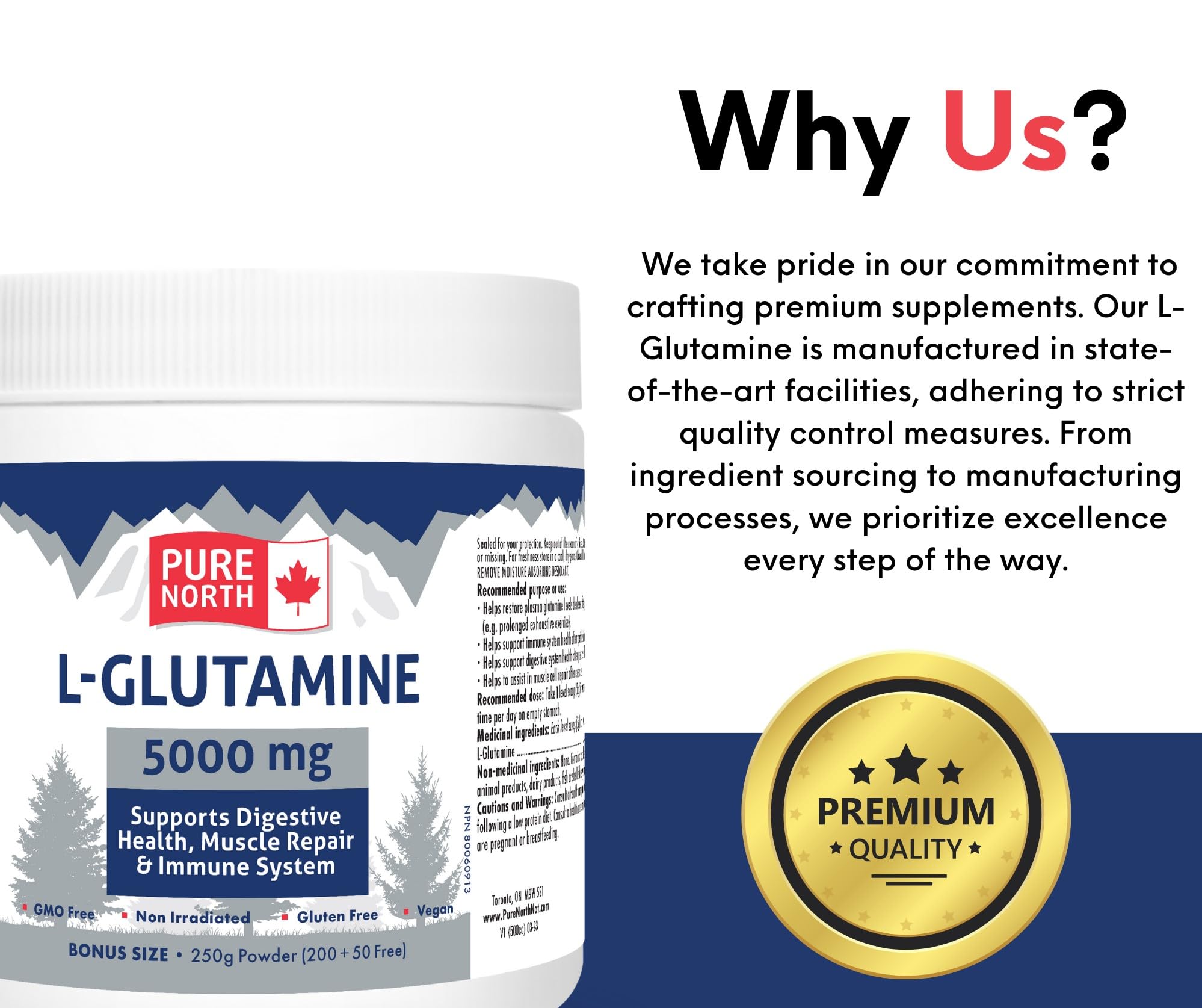 Pure North Naturals - L-Glutamine 5000mg, 250g Powder 50-Servings - Gut Health and Digestive Health - Support Muscle Repair & Support Immune System - 3rd Party Tested - Formulated & Made in Canada
