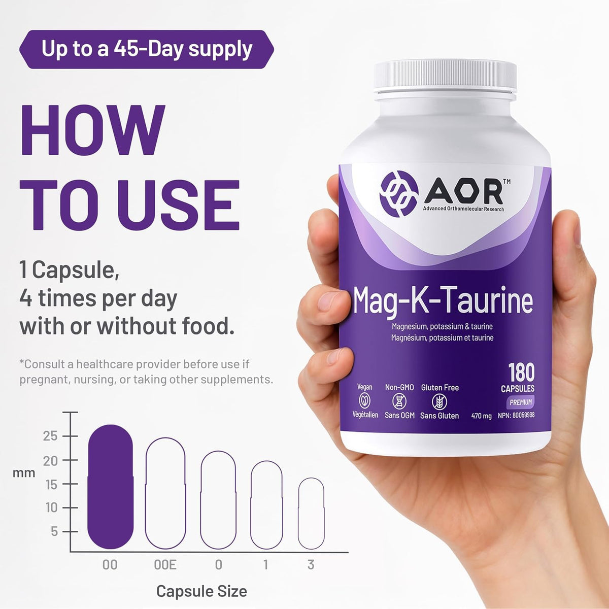 AOR Mag-K-Taurine Magnesium Citrate Capsules, Third Party Tested, 180 Caps