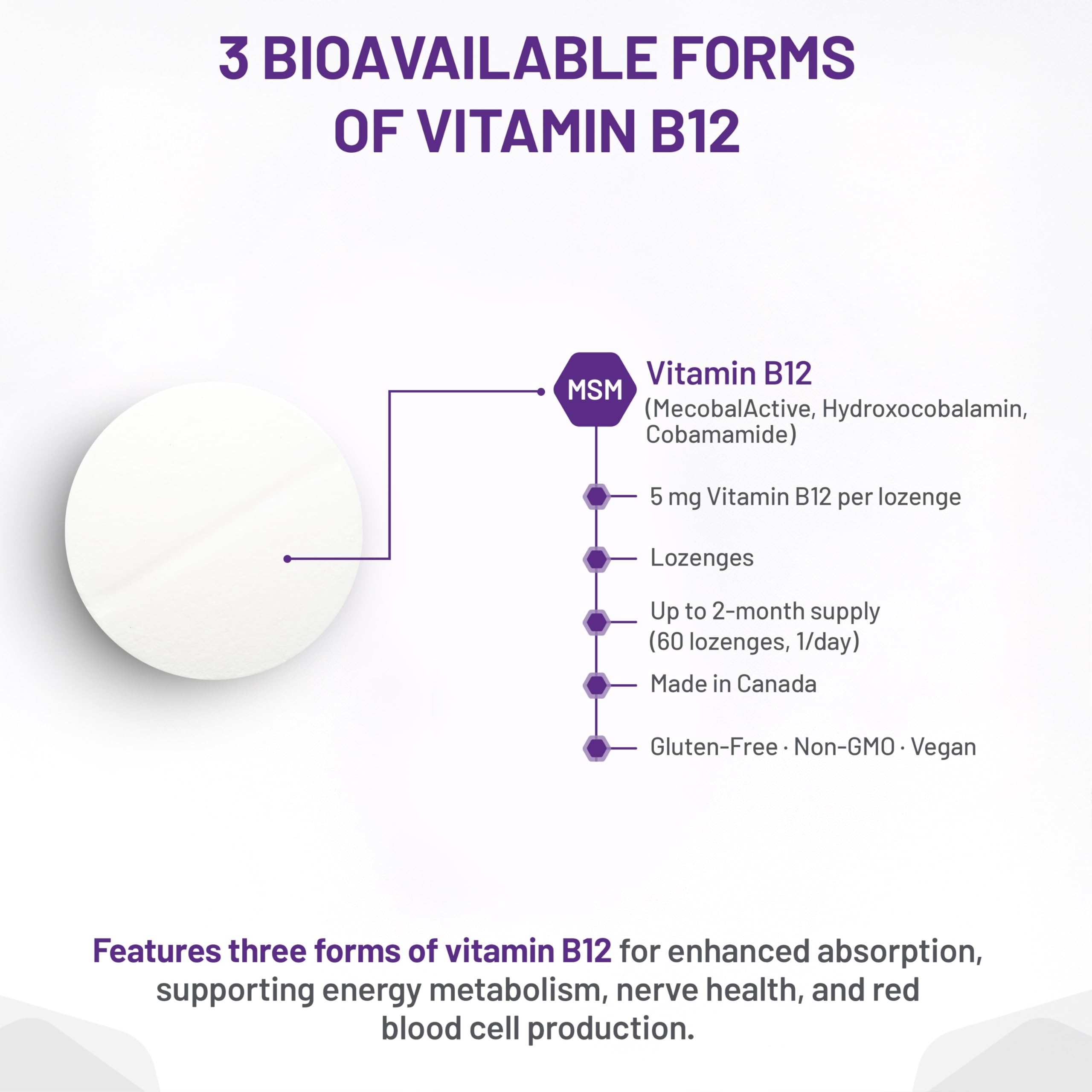 AOR Tri B12 Synergy 5 mg, 60 Lozenges, Approvisionnement de 60 Jours – Supplément de Vitamine B12 avec Méthylcobalamine, Hydroxocobalamine et Adénosylcobalamine pour le Soutien du Cœur, du Cerveau et du Système Nerveux – Végétalien et Sans OGM