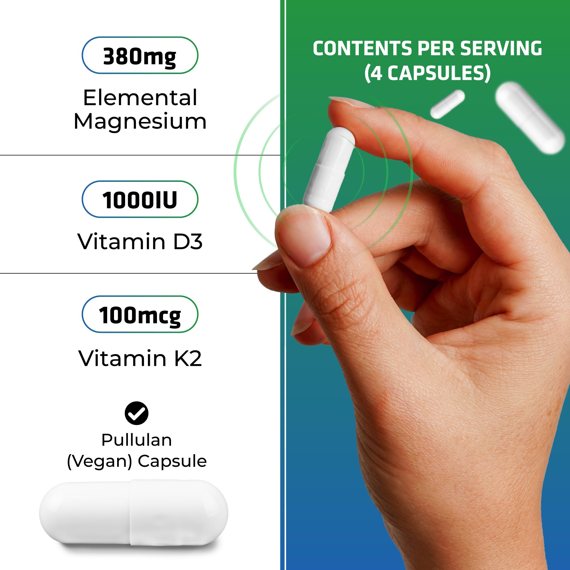 PrizMAG Magnesium Bisglycinate - Chelated Form for High Absorption, with Added Vitamin D3 & K2, Capsules for Bone & Muscle Support - No Fillers or GMOs | Made in Canada