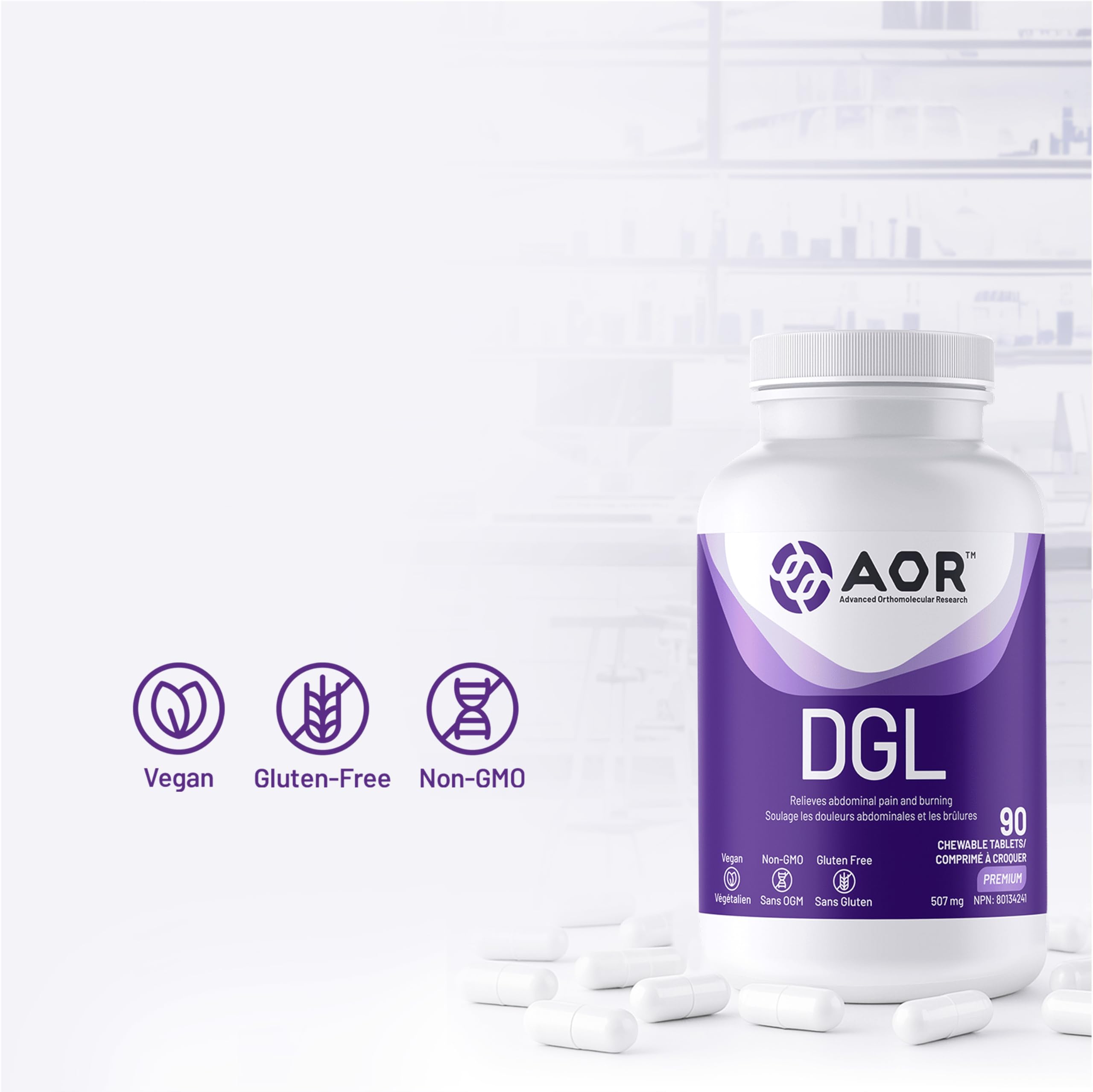 AOR DGL Deglycyrrhizinated Licorice Root 507mg, 90 Chewable Tablets, Lemon Flavour, 1-Month Supply, Supports Stomach Comfort & Enjoyable Digestion, Vegan, Gluten-Free, Non-GMO, Tasty & Gentle Formula