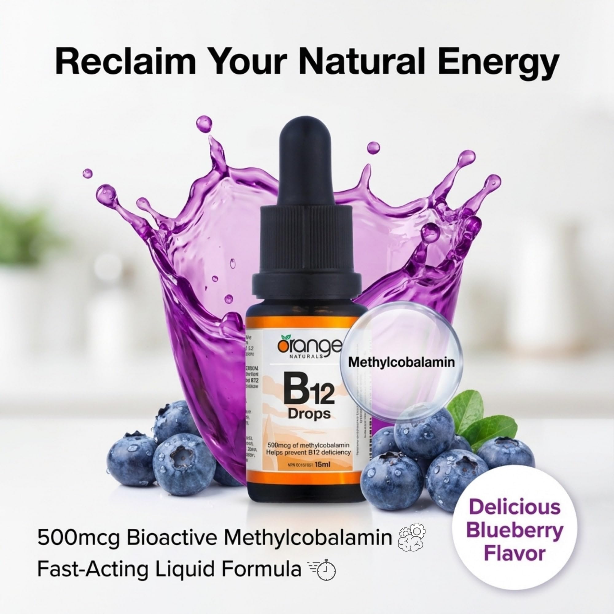 Orange Naturals Vitamin B-12 Liquid Drops 500mcg 15 ml 300-Day Supply - Methylcobalamin Supports Metabolism & Immune Function Vegan Blueberry Flavour