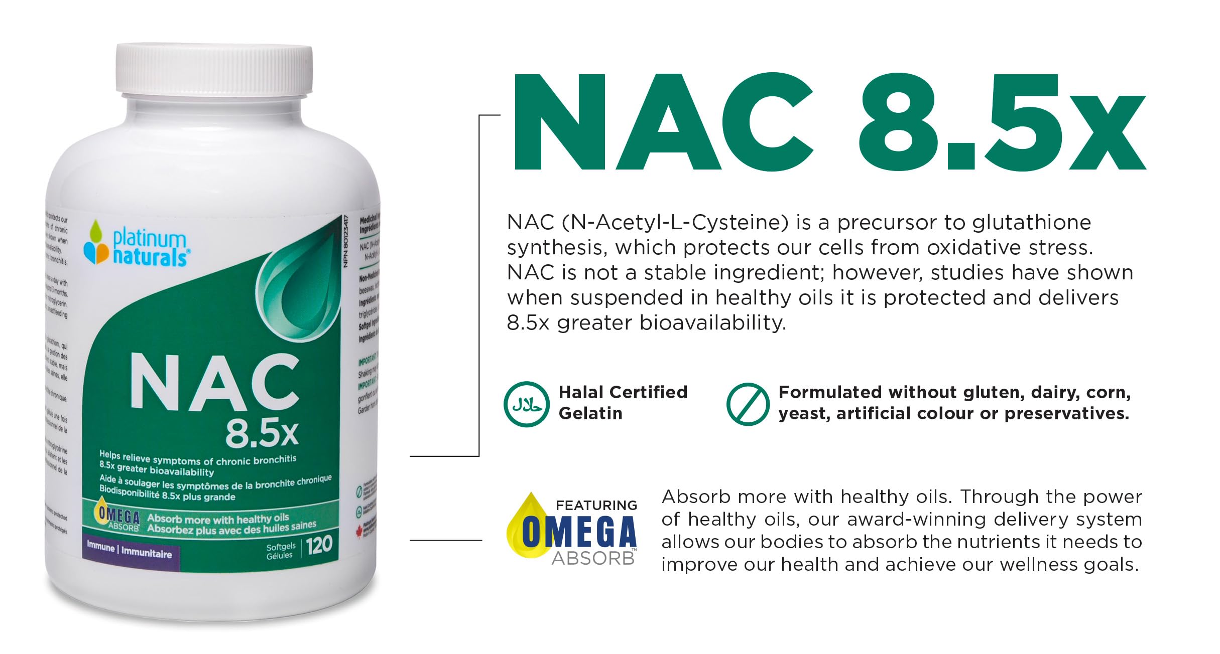 Platinum Naturals NAC 8.5x 600mg, 120 Softgels - Enhanced N-Acetyl-L-Cysteine Formula - Pure NAC Supplement, Maintaining Antioxidant Levels - Supports Immune System and Liver Functions