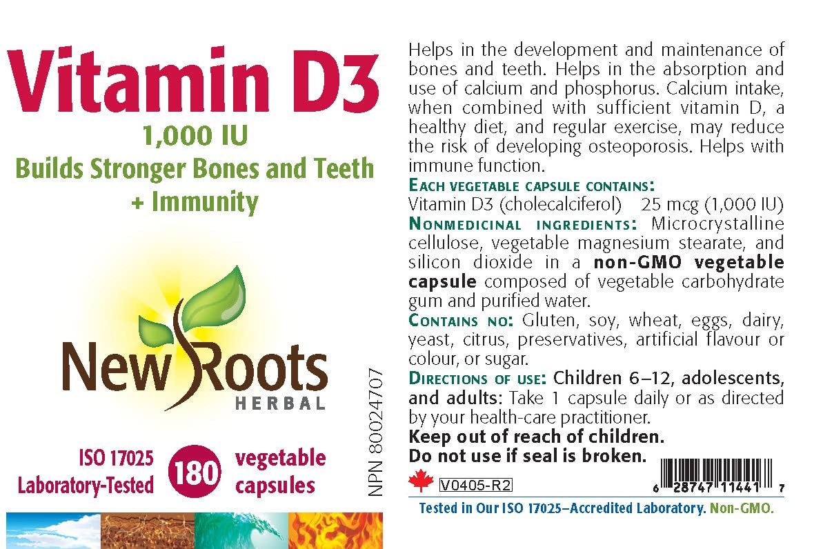 New Roots Herbal Vitamin D3 Capsules, 1,000 IU, 180 Capsules, 6+ Months