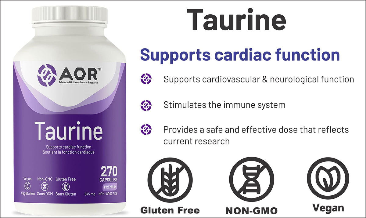 AOR Taurine Capsules, 675mg, Supports Cardiac Function, Vegan, 270 Capsules