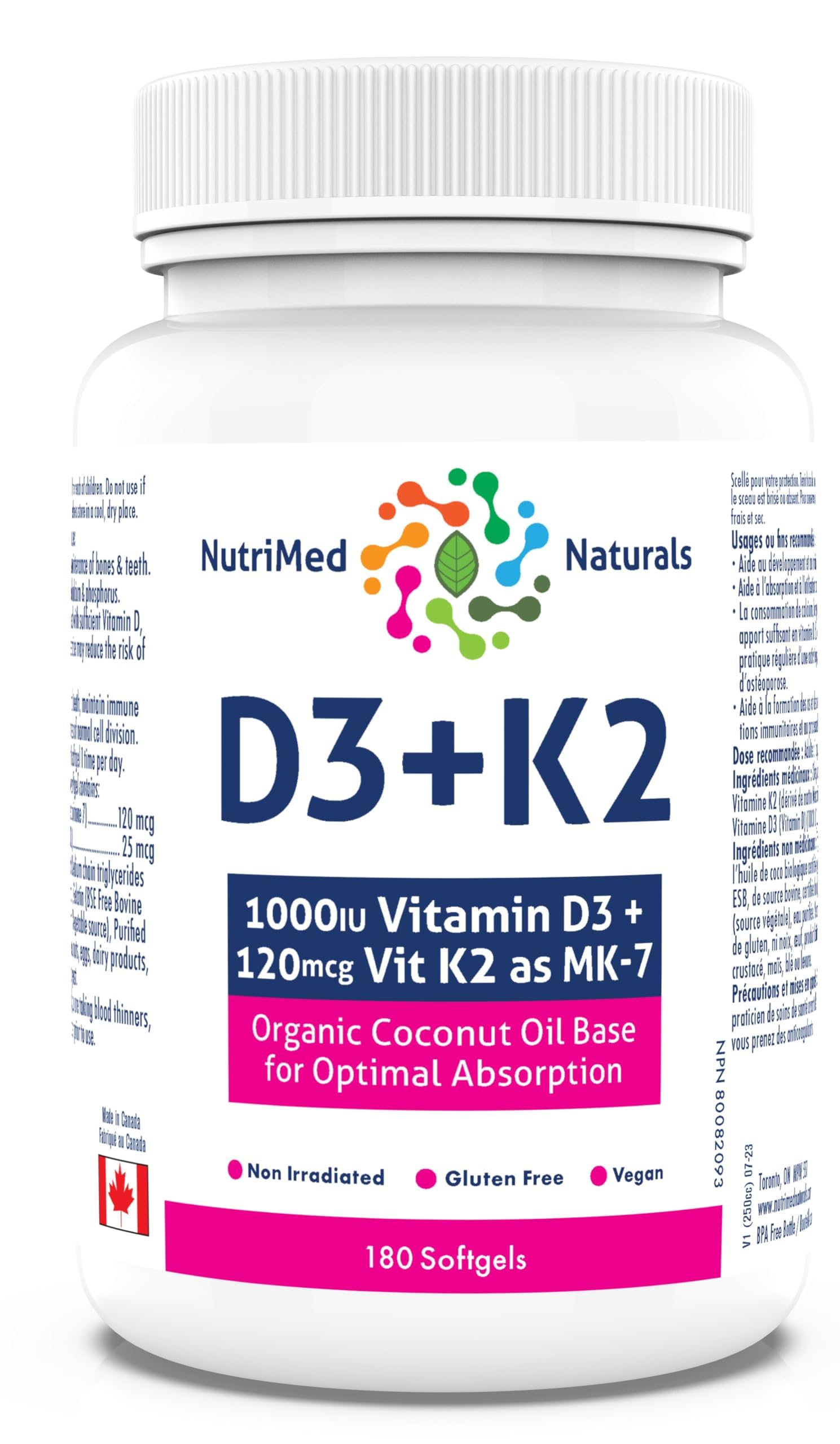 Nutrimed Naturals - D3 + K2, 180 Softgels 180-Day Supply - Optimal Absorption with Organic Coconut Oil Base, MK7 K2 Vitamin for Bone and Heart Health - 3rd Party Tested - Formulated & Made in Canada