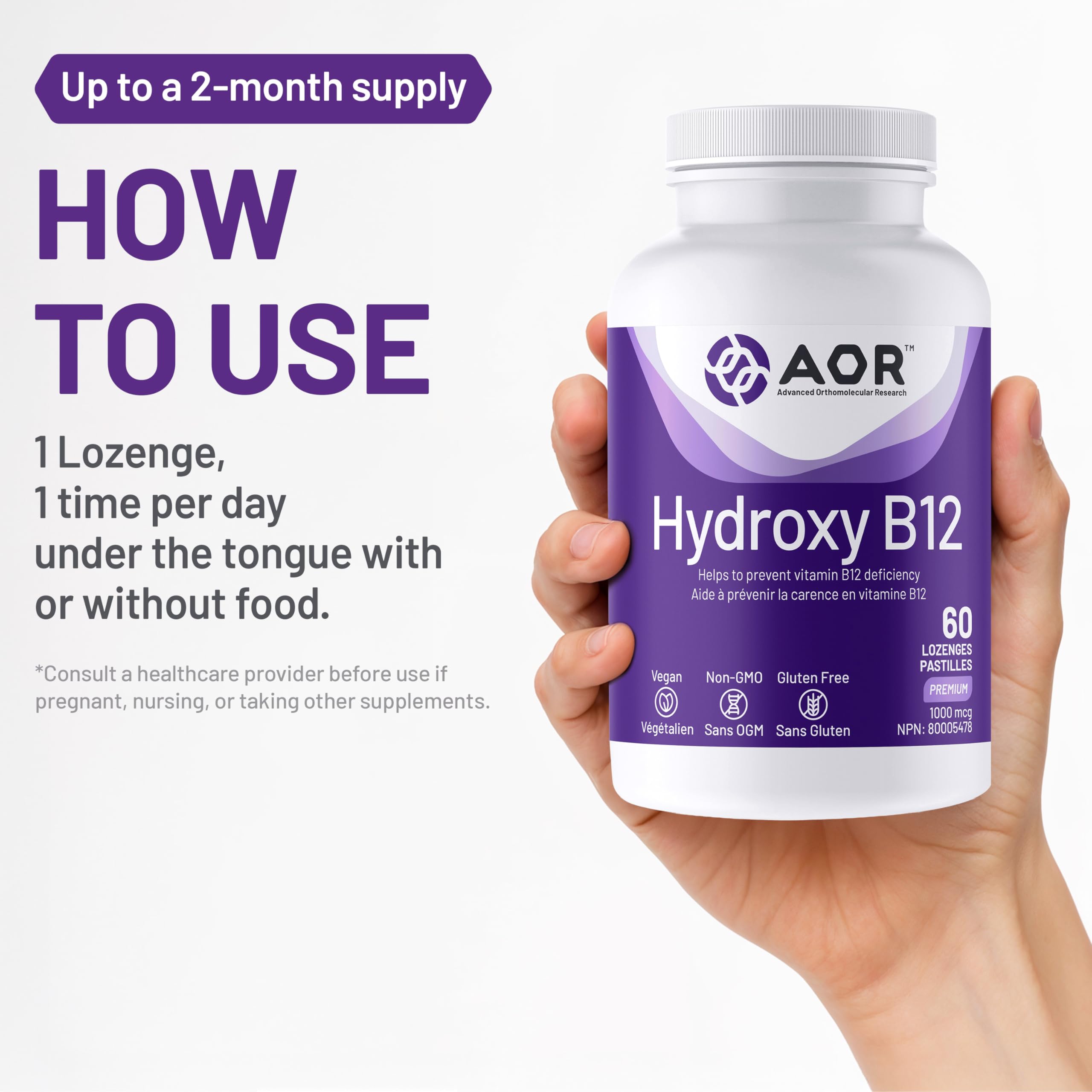 AOR Hydroxy B12 1000mcg, 60 pastilles, approvisionnement de 60 jours – Supplément de vitamine B12 (hydroxocobalamine) pour l'énergie et le soutien métabolique – Soutien optimal du système nerveux – Végétalien, sans OGM et sans gluten