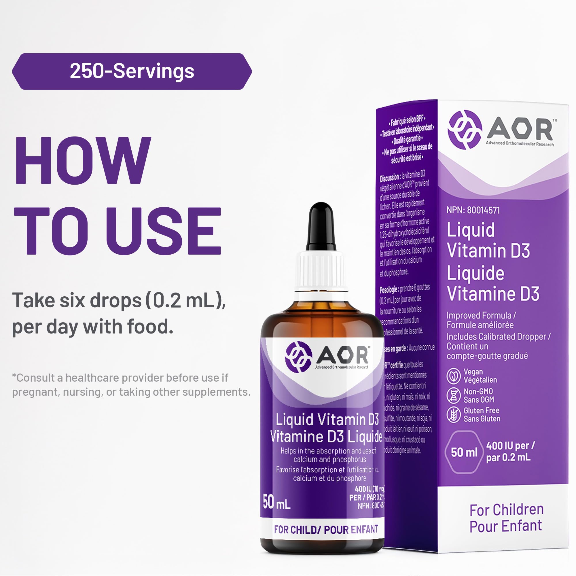 AOR Kids Vitamin D3 400 IU Drops 50 ml 250-Servings - Vegan, Non-GMO & Gluten-Free - Organic Cholecalciferol with Calcium for Children - No Preservatives or Sugar - Support for Strong Bones & Immune