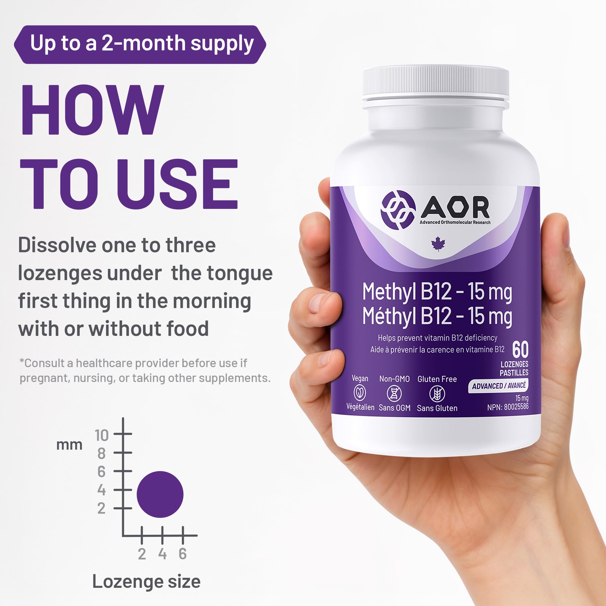 AOR - Méthyl B12, 60 pastilles - Vitamine B12 Méthylcobalamine - Complément favorisant la santé nerveuse - Supplément végétalien de B12 - Aide à prévenir la carence en vitamine B12 - Capsules de B12 méthylée