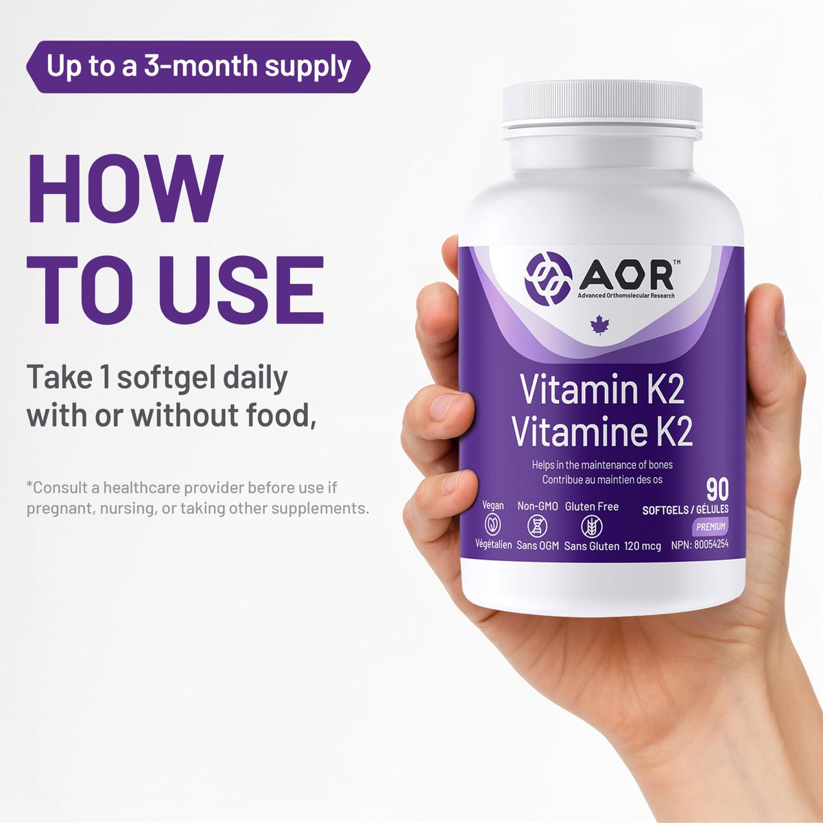 AOR Vitamin K2 MK-4 & MK-7 120mcg, 90 Vegan Softgels for Bone Maintenance
