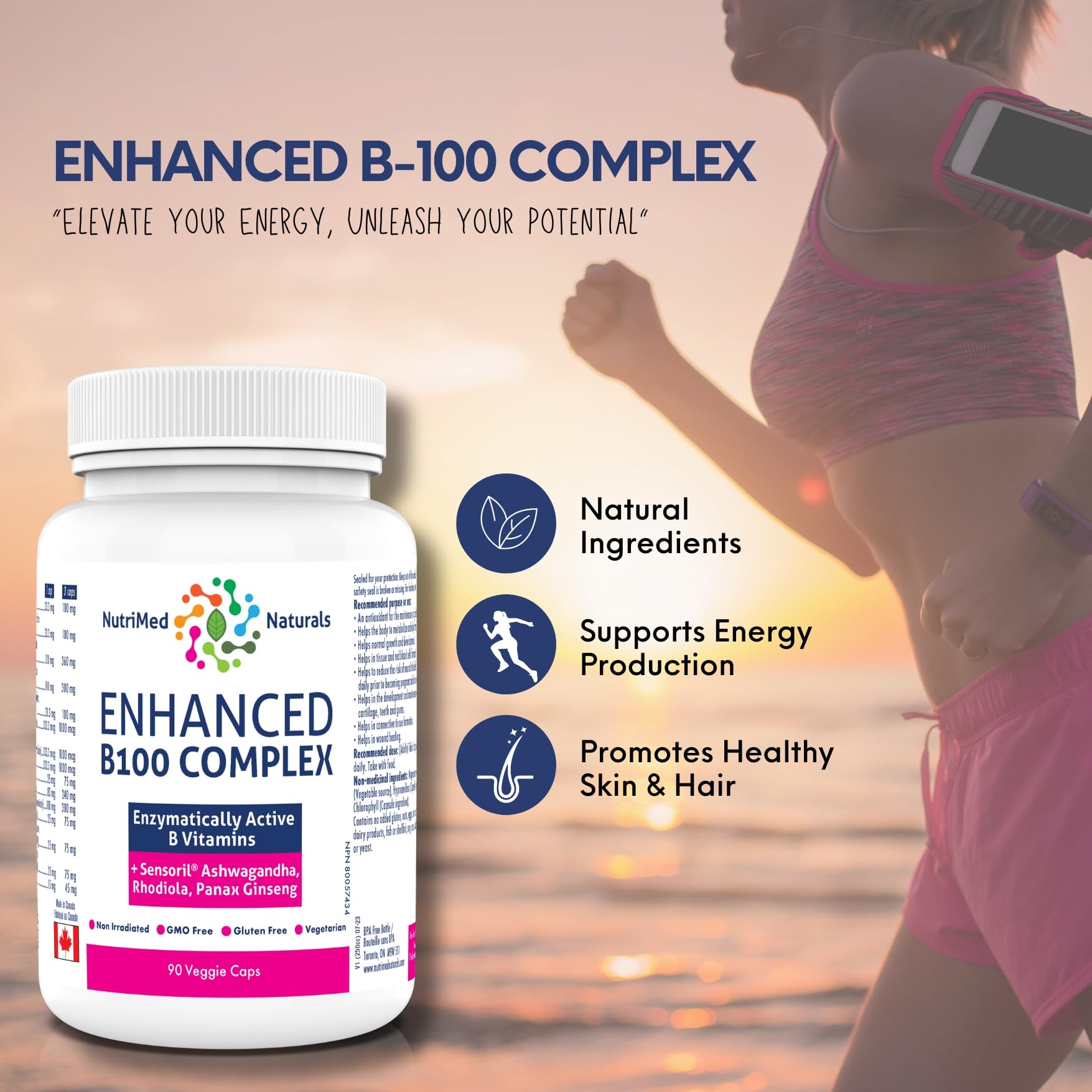 Nutrimed Naturals - Complexe B100 Amélioré, 90 Gélules (approvisionnement de 30 jours) - Supplément de Vitamines B - Santé Osseuse, Dents, Gencives et Réparation du Cartilage - Testé par des Tiers - Formulé et Fabriqué au Canada