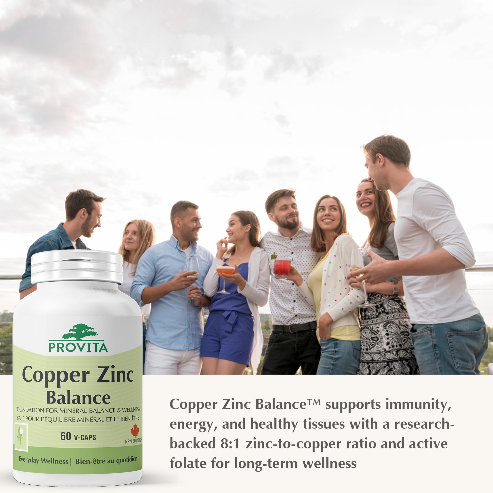 Provita Équilibre Cuivre Zinc | Supplément de zinc et de cuivre avec folate actif | Soutien immunitaire, défense antioxydante et métabolisme énergétique | Capsules végétaliennes sans OGM | NPN 80140623