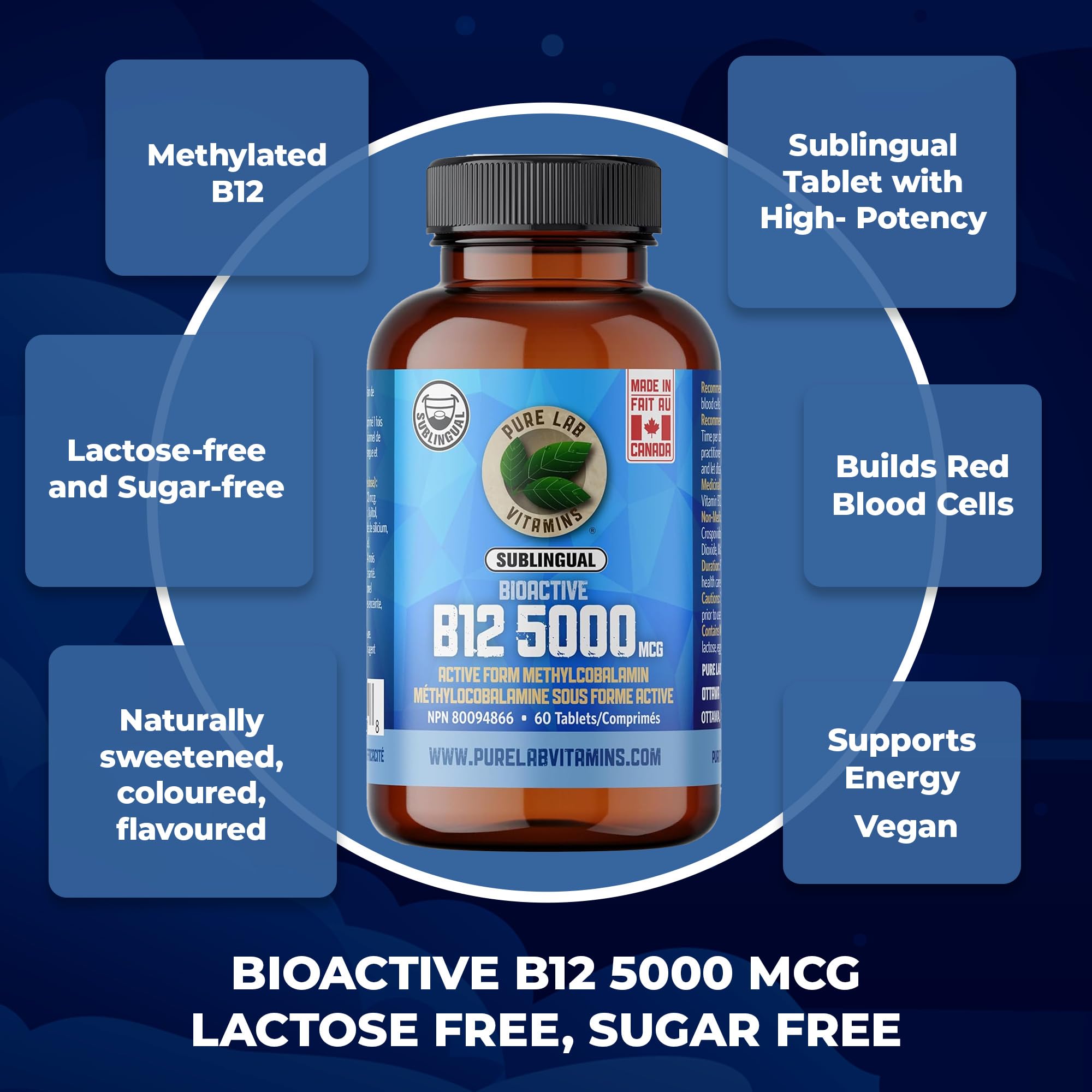 Pure Lab Vitamins B12 BioActive 5000 mcg - Sans lactose, sans sucre