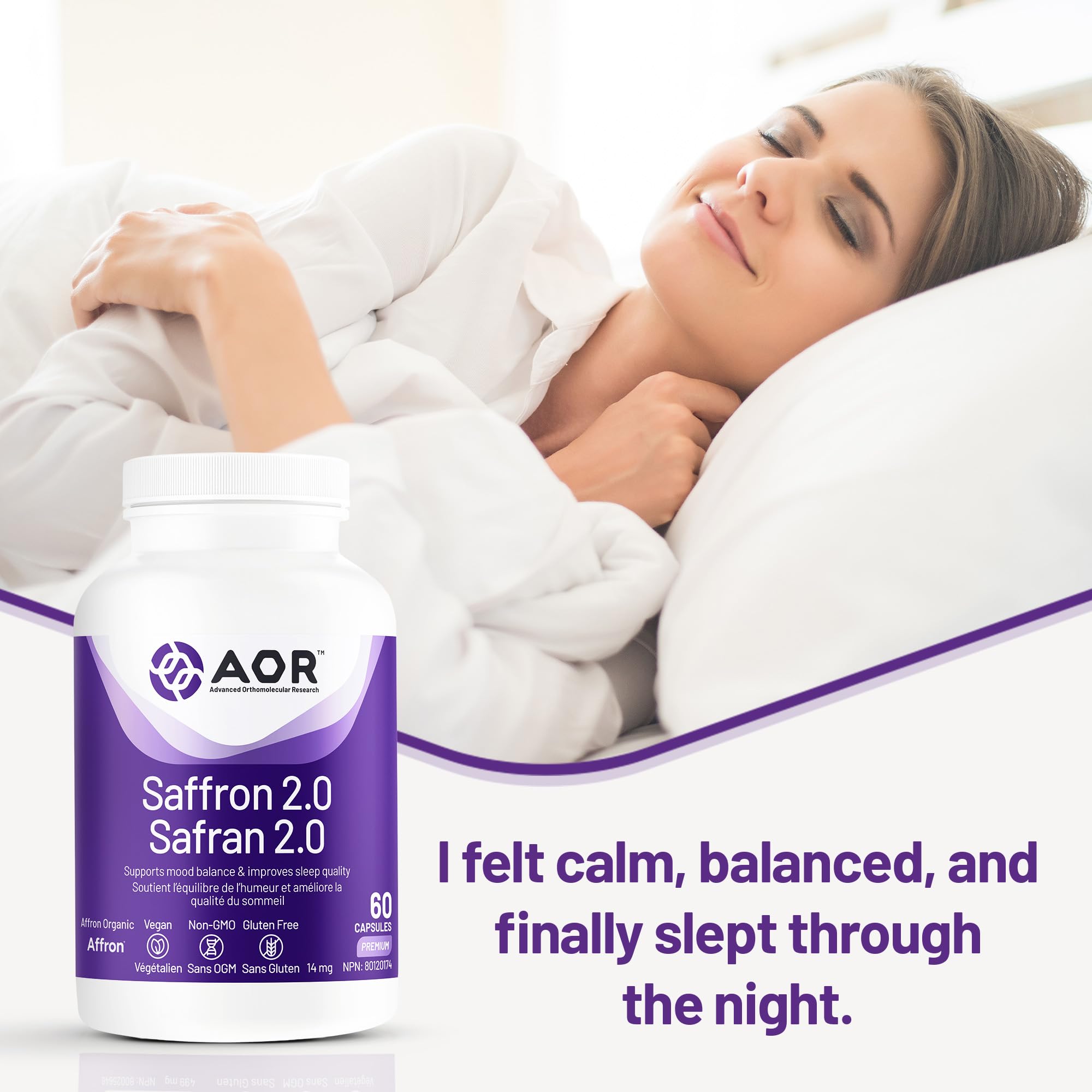 AOR - Saffron 2.0 Supplément, 60 gélules pour 30 jours - Favorise l'équilibre émotionnel, améliore la qualité du sommeil, la concentration et la clarté mentale, la vision et la santé oculaire - Végane, sans OGM et sans gluten
