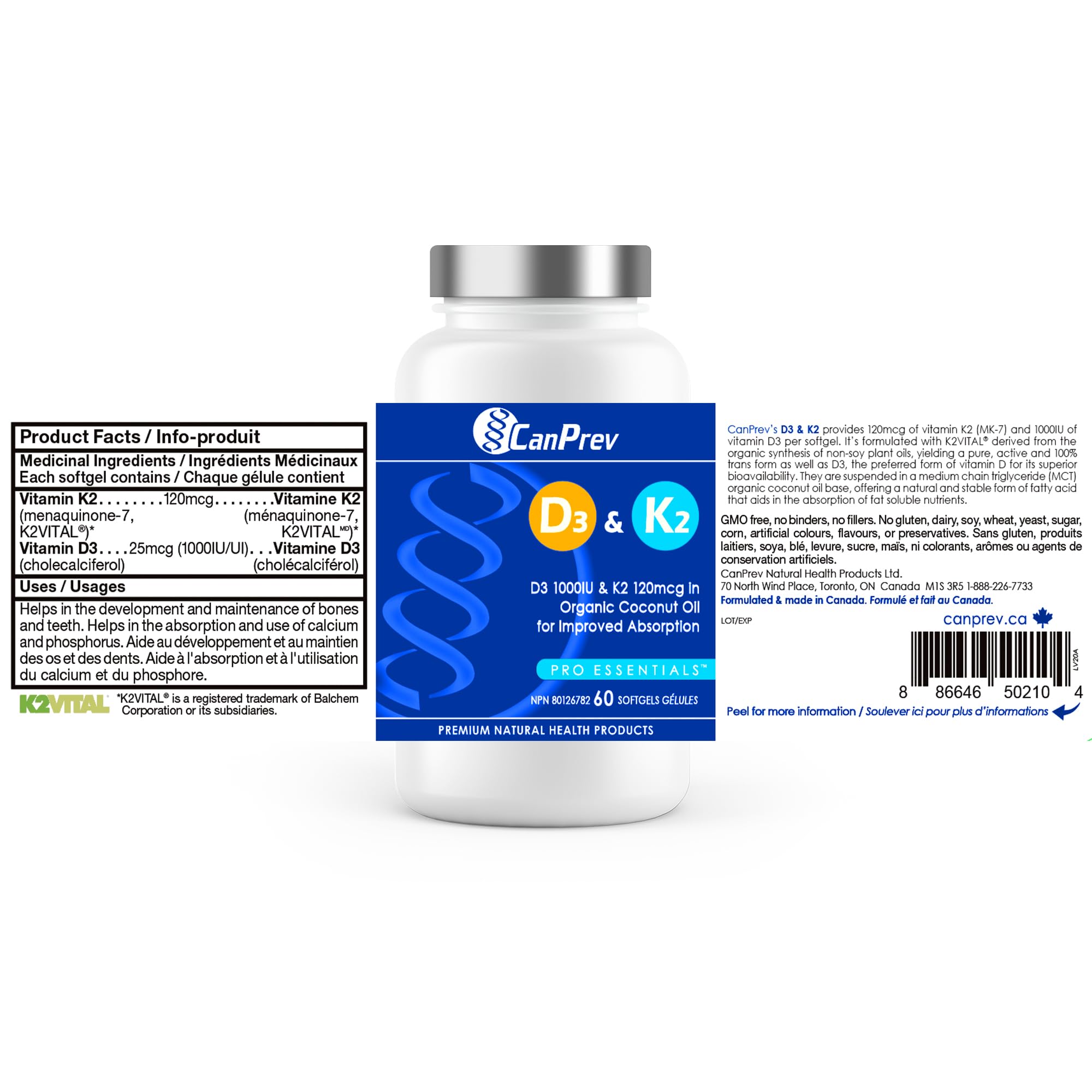 CanPrev D3 & K2 - Huile de coco biologique l Aide à la formation et au maintien de la santé osseuse l Avec vitamine D3 et K2