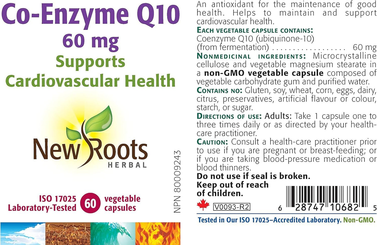 New Roots Herbal CoQ10 60 mg Capsules, Non GMO, Gluten Free, 60 Day Supply