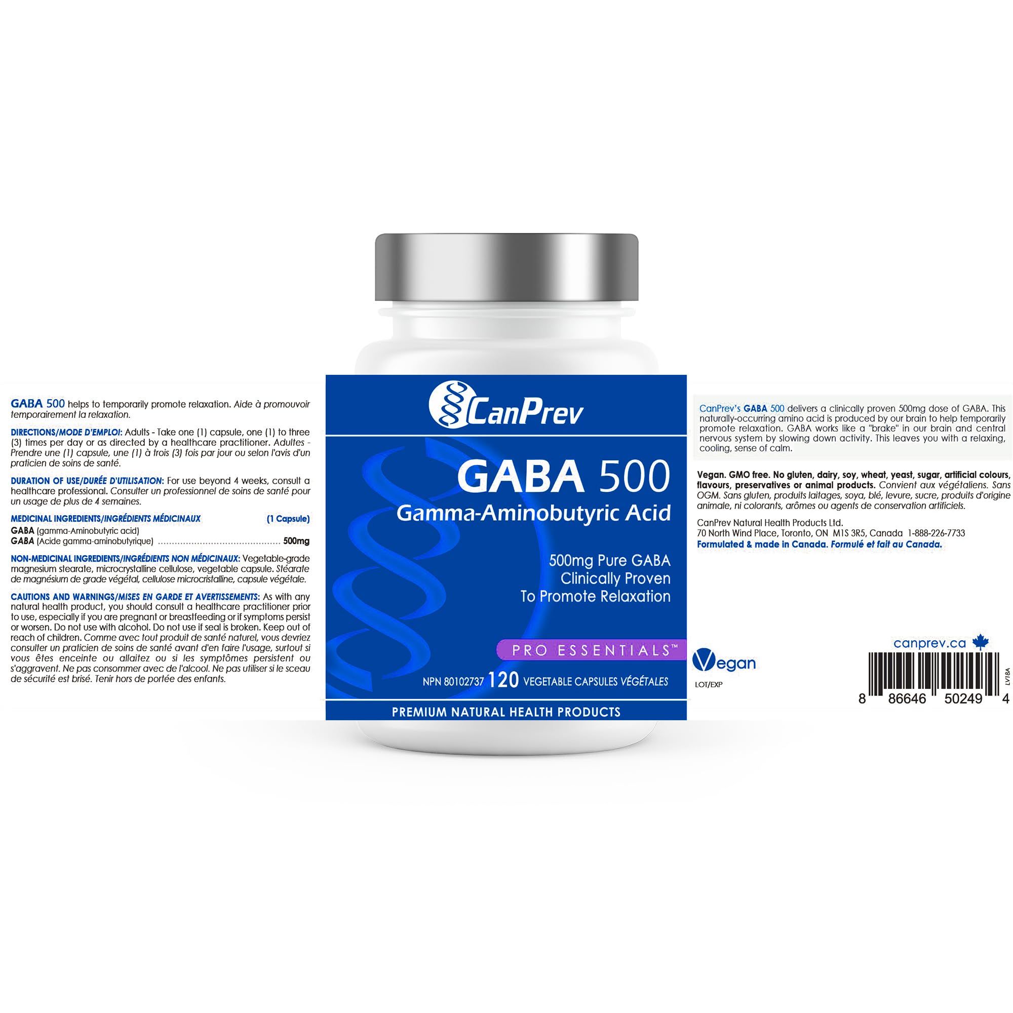 CanPrev GABA 500mg, 120 V-Capsules, Approvisionnement de 120 Jours - Supplément Pur de GABA pour la Relaxation et un Sommeil Réparateur - Acide Gamma-Aminobutyrique 500mg - Végétalien - Soutien Cérébral pour un Esprit Calme et Concentré - Végétalien