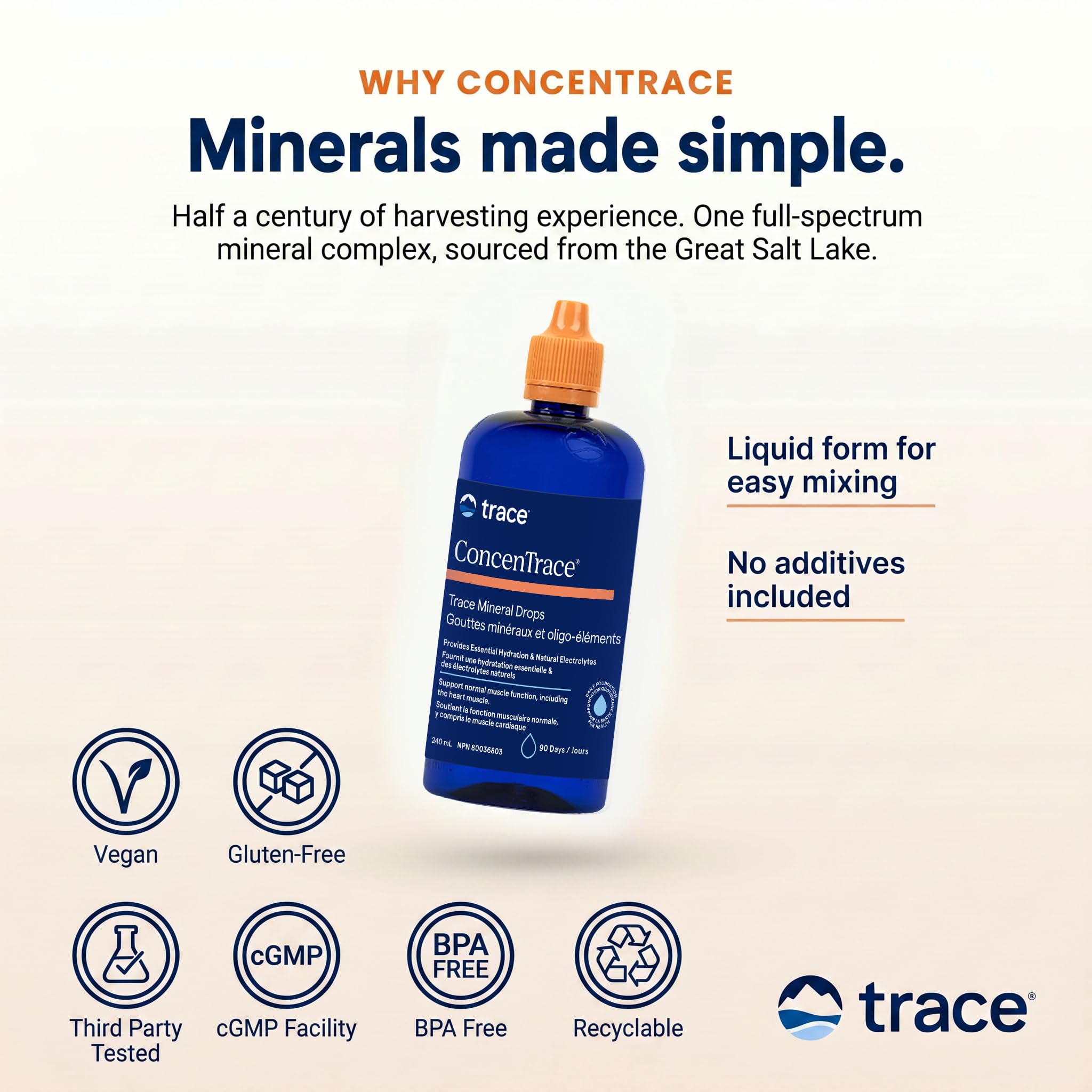 Trace Minerals ConcenTrace Drops | 240 ML, 96 Day Supply | Full Spectrum Minerals | Ionic Liquid Magnesium, Chloride, Potassium | Low Sodium | Energy, Electrolytes, Hydration