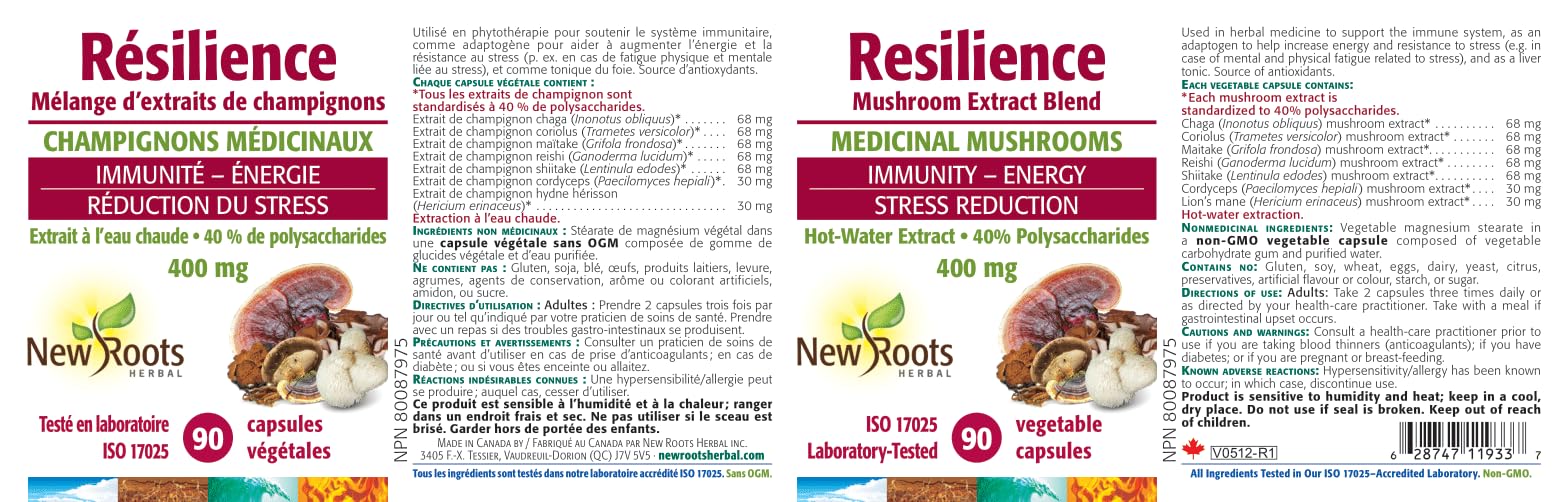 Mélange d'extraits de champignons New Roots Herbal Resilience, 90 capsules végétales, complexe de 7 champignons avec Reishi, Crinière de lion, Cordyceps, Chaga, Shiitake, Maitake et Coriolus, 40 % de polysaccharides