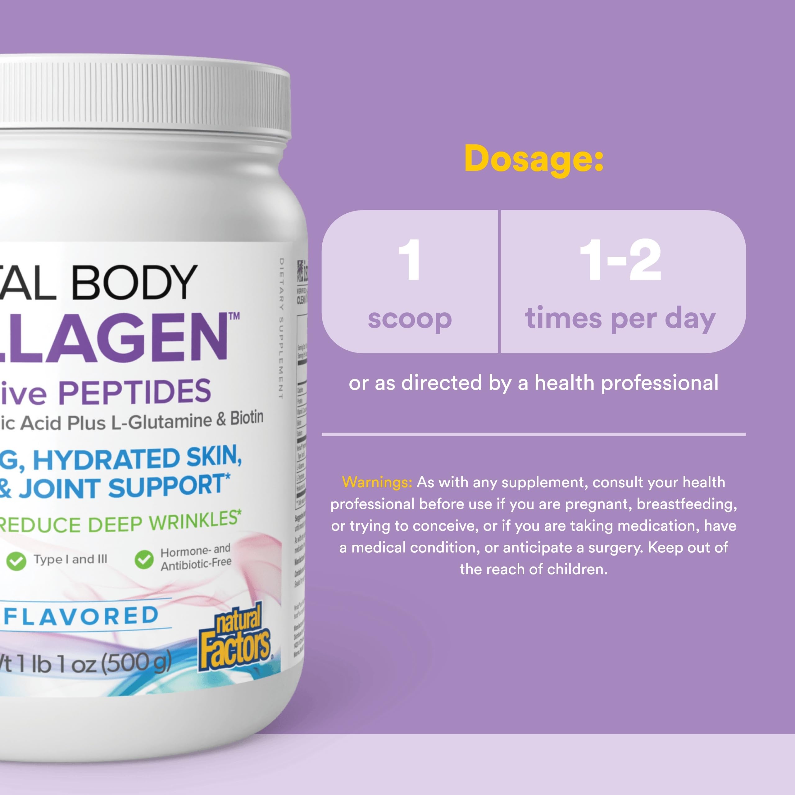 Natural Factors - Total Body Collagen Bioactive Peptides Unflavoured, 500g Powder - Complete Amino Acid Supplement with Hyaluronic Acid, Glutamine and Biotin - Hydrated Skin, Muscle & Joint Recovery