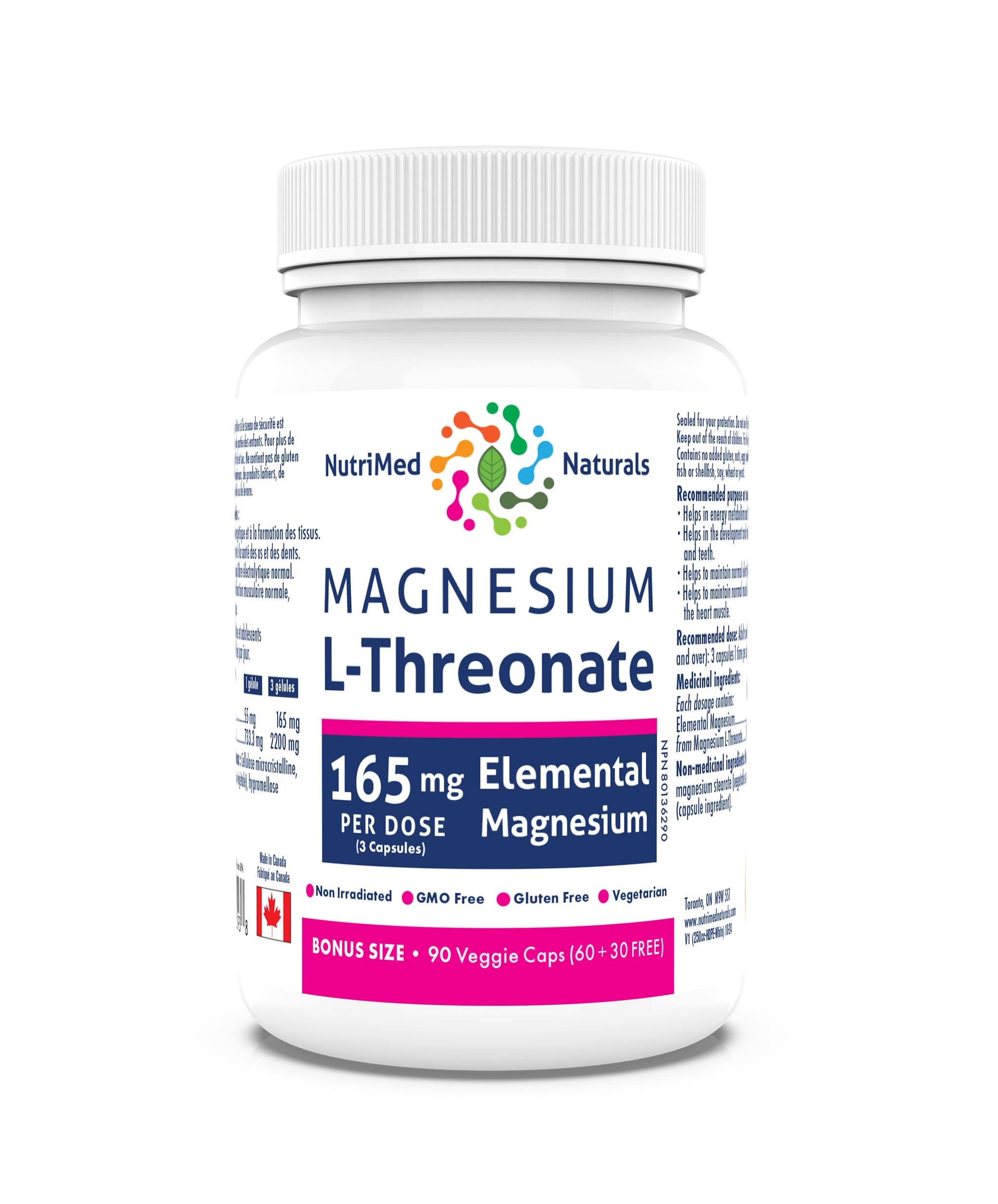 Nutrimed Naturals - Supplément de Magnésium L-Thréonate Élémentaire 165mg 90 Gélules Pour 30 Jours - Améliore la Concentration, la Mémoire et la Santé Cérébrale Optimale - Testé par un Tiers - Formulé et Fabriqué au Canada