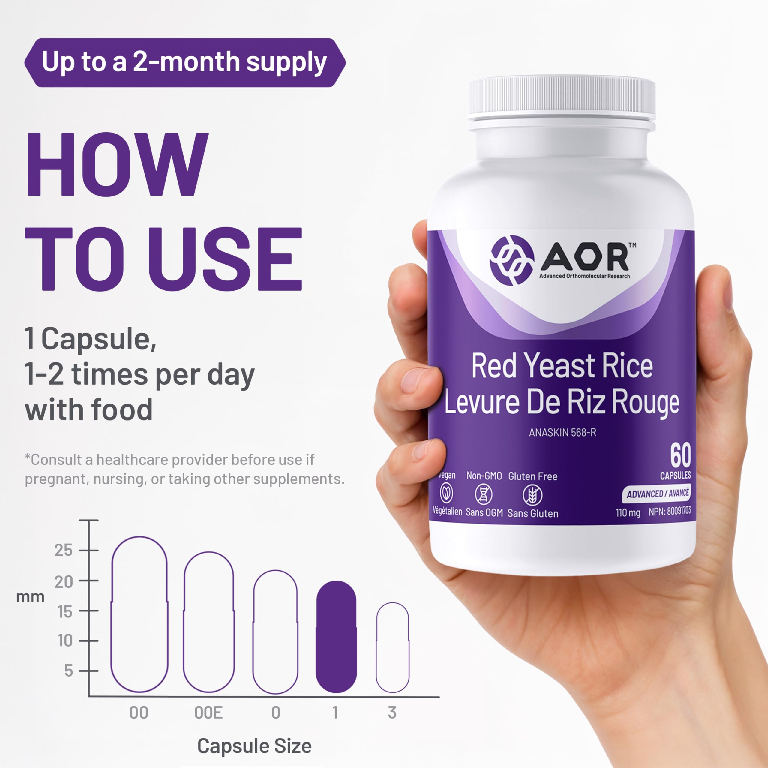 AOR Riz Rouge Fermenté 110mg, 60 gélules pour 60 jours - Extrait de levure fermentée avec antioxydants végétaux - Favorise l'équilibre du taux de cholestérol - Végan, Sans OGM et Sans Gluten