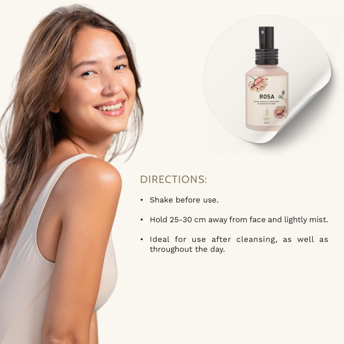 TANIT Rose Water Hydrating Mist Toner Spray 60ml, Refreshing Facial Mist with Rose Extract for Daily Hydration & Skin Balance, Gentle Toner to Rejuvenate All Skin Types, Vegan & Cruelty-Free Skincare