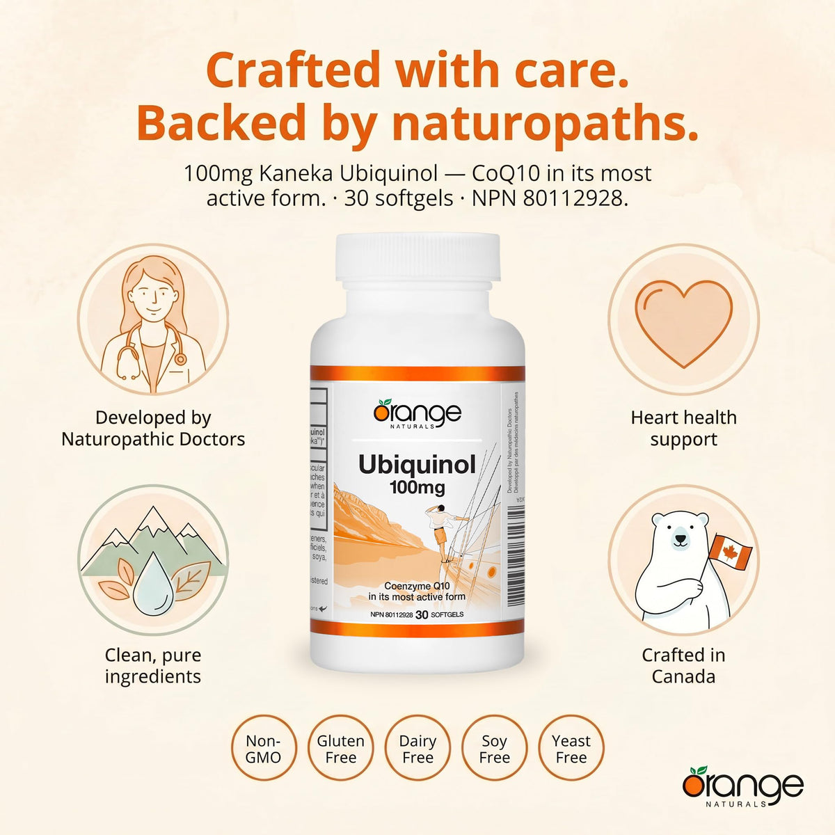 Orange Naturals CoQ10 Softgels, Ubiquinol, Q10, 100mg, 30 Day Supply