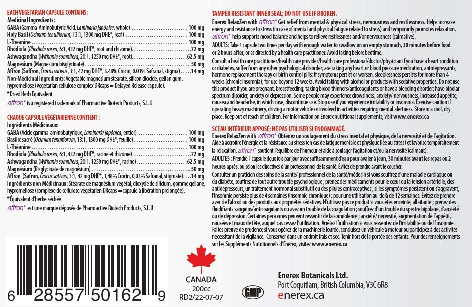 ENEREX - RELAXZEN with Affron, 60 Drcaps 30-Day Supply - Enhance Immune Function and Reduce Blood Glucose Levels - Reduce Cortisol, Blood Pressure and Balance Hormonal Glands - Gluten and Dairy-Free