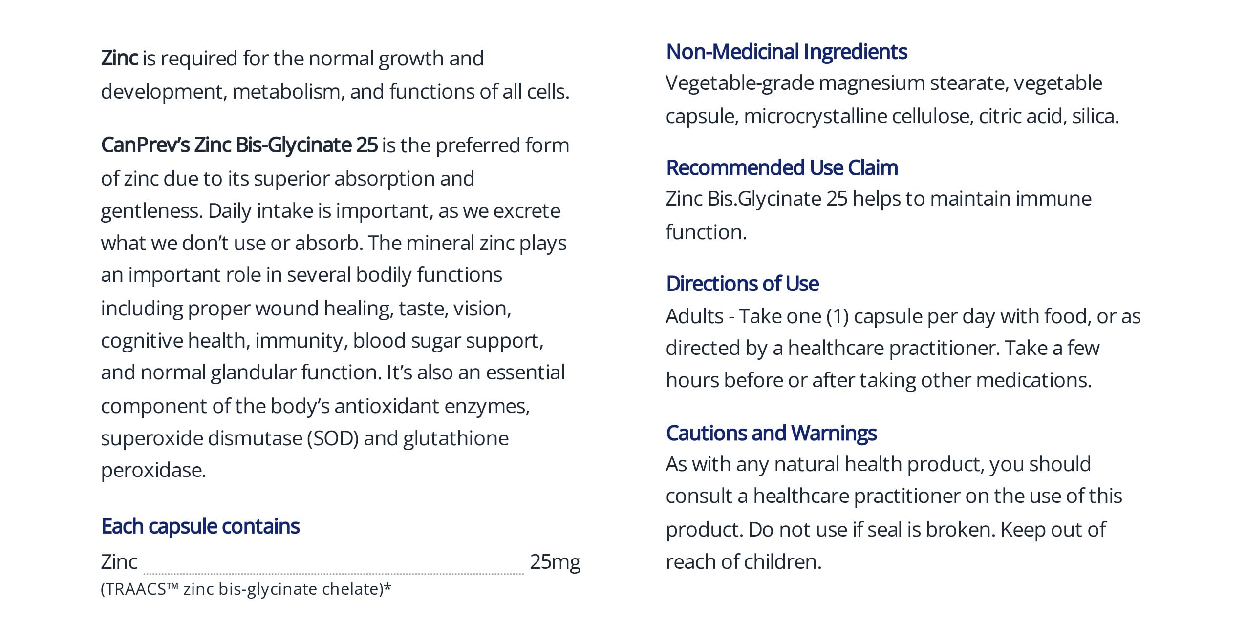 CanPrev Zinc Bis-Glycinate 25mg de zinc élémentaire pur par capsule - Produits de Santé Naturels