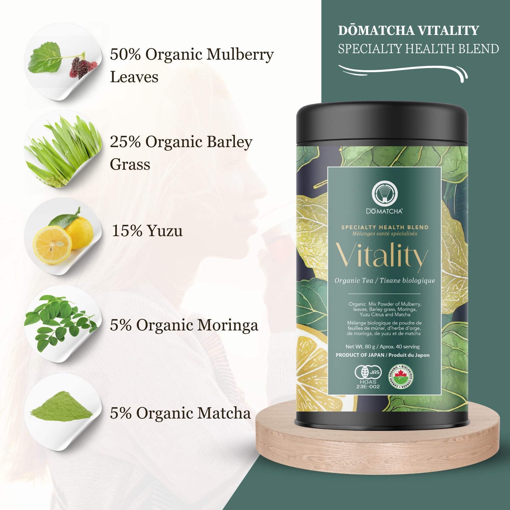 DoMatcha Vitality Blend - Health Superfood, 80g 40-Servings - Moringa, Mulberry Leaves, Barley Grass, Yuzu, and Organic Matcha Green Tea Powder - Japanese Certified - Product of Japan