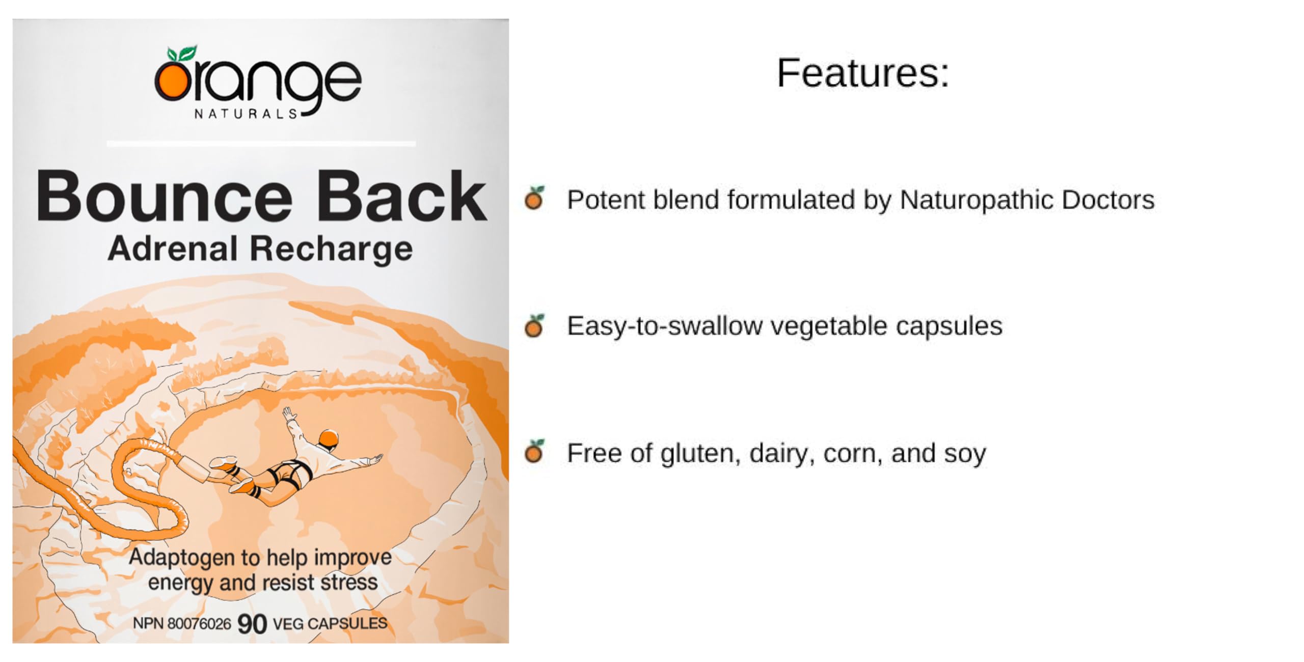 Orange Naturals - Bounce Back Adrenal Recharge, 90 Capsules 30-Day Supply - Adaptogens to Helps Improve Energy, Physical & Mental Performance, Promote Relaxation and Glandular Repair - Vegan & Non-GMO