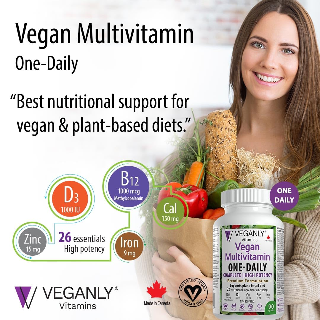 VEGANLY Vegan Multivitamin One-Daily for Plant-based Diets. Canadian. High potency in B12, D3, Calcium, Iron, Zinc & more. 90 veg. tablets. Best for vegans and vegetarians. (NPN 80076962)
